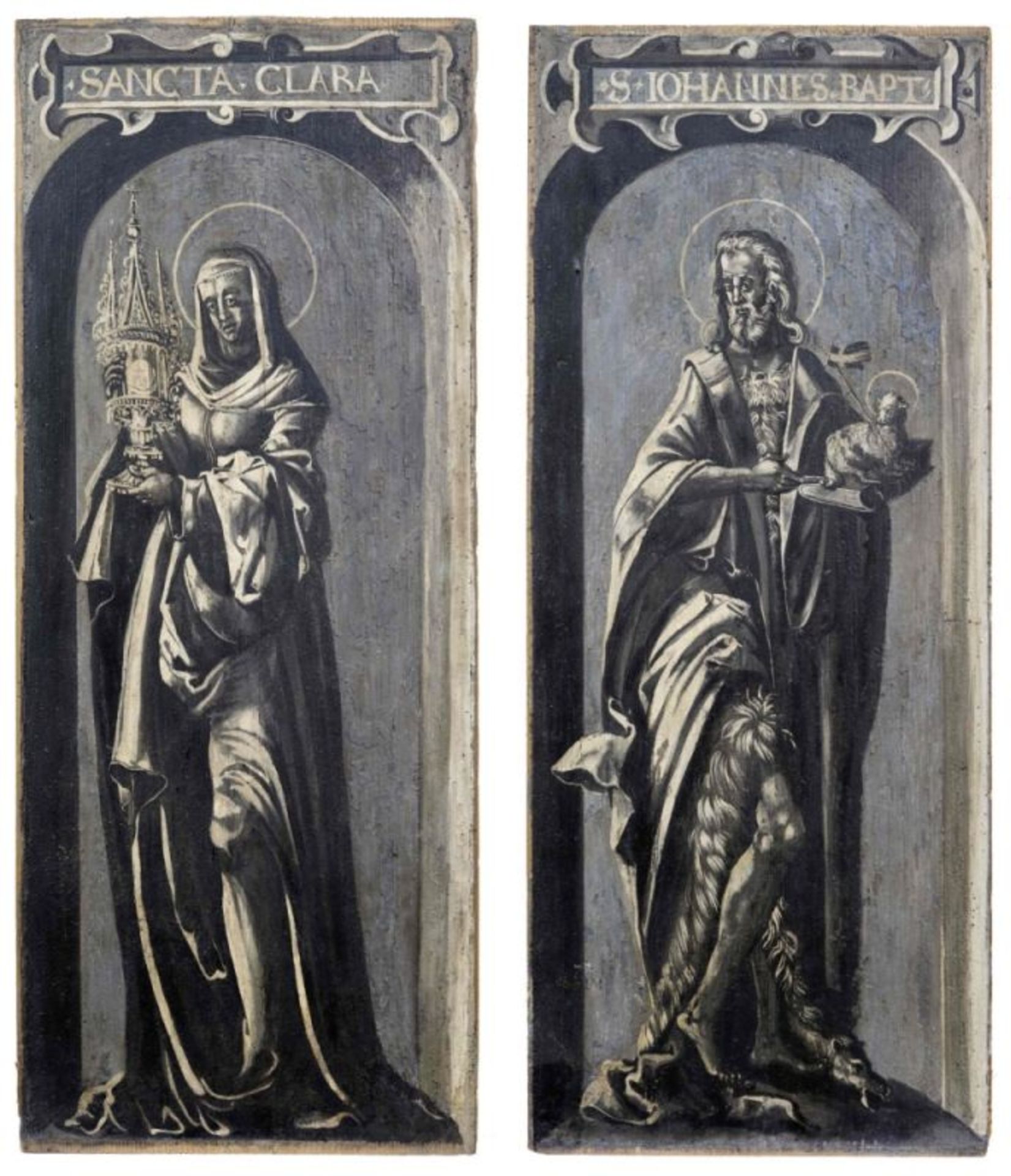 Zwei Altarflügel mit Heiligen in Grisaillemalerei, Süddeutschland, 1. Dr. 16. Jh.