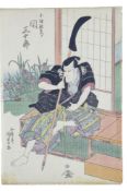 Utagawa Kunisada (Toyokuni III.): Schauspieler als Samurei vor einer Veranda