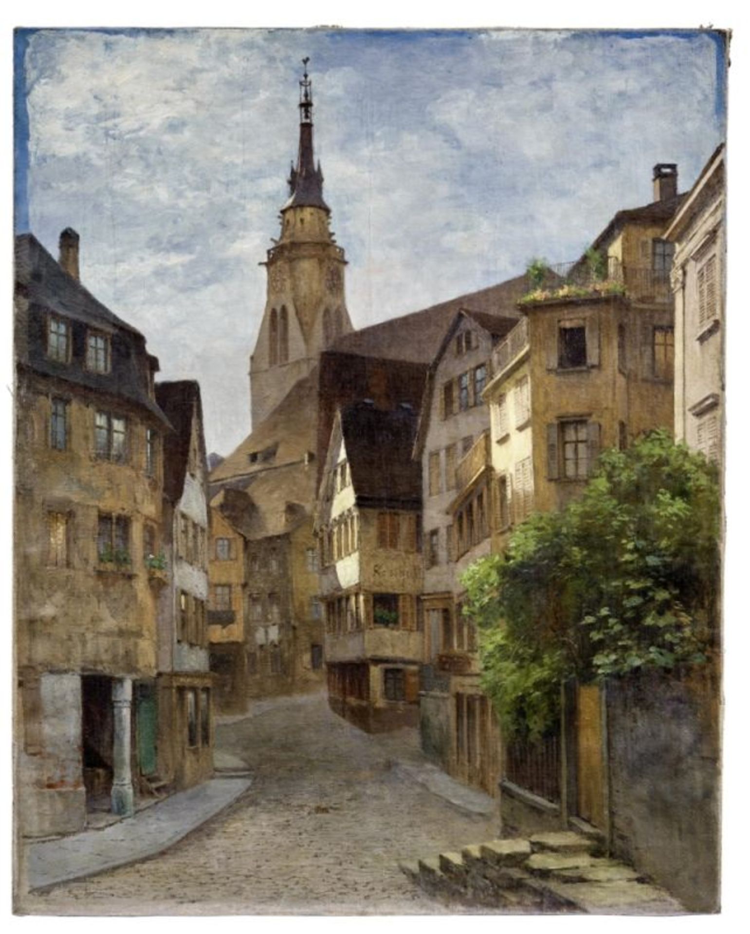 Die Neckargasse in Tübingen mit Blick auf die Stiftskirche, E. 19. Jh.