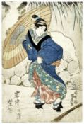 Utagawa Kunisada (Toyokuni III.): Frau mit Schirm in Winterlandschaft