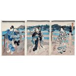 Utagawa Kunisada (Toyokuni III.): Triptychon: drei Frauen auf der Nihonbashi-Brücke mit gefangenem H