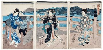 Utagawa Kunisada (Toyokuni III.): Triptychon: drei Frauen auf der Nihonbashi-Brücke mit gefangenem H