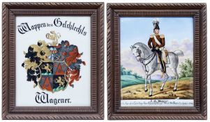 Zwei Bildplatten mit Offiziersdarstellung und Wappen, KPM Berlin, um 1840