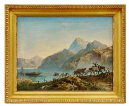 Schelver, August Franz: Gebirgssee mit von Pferden ans Ufer gezogenem Lastkahn