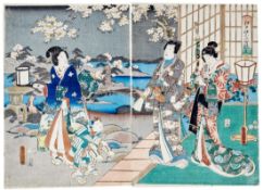 Utagawa Kunisada (Toyokuni III.): Diptychon: Prinz Genji auf der Veranda bei Nacht