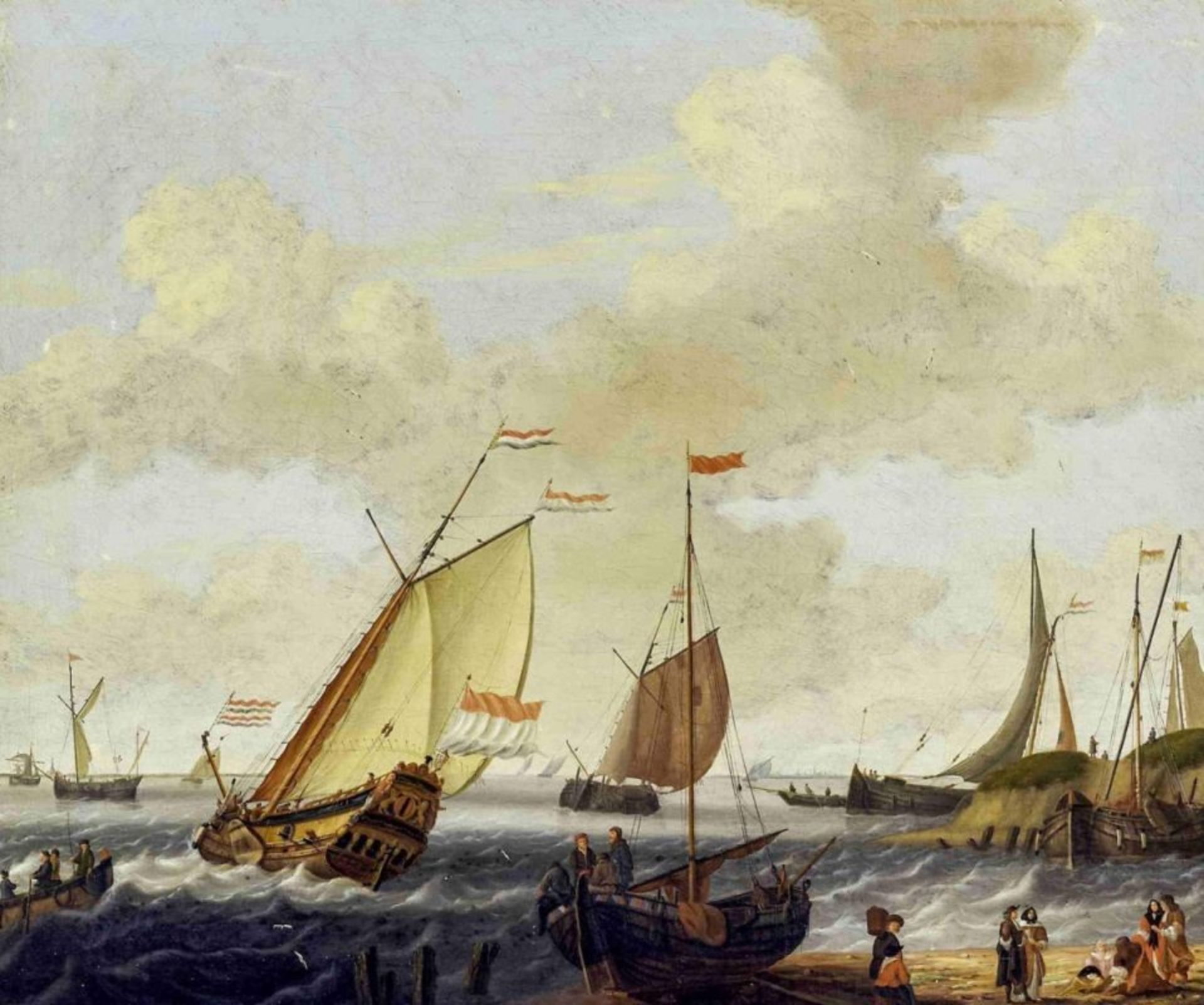 Bakhuyzen, Ludolf - Umkreis 17. Jh., Küstenbucht mit einlaufenden und ankernden Segelschiffen - Image 2 of 2