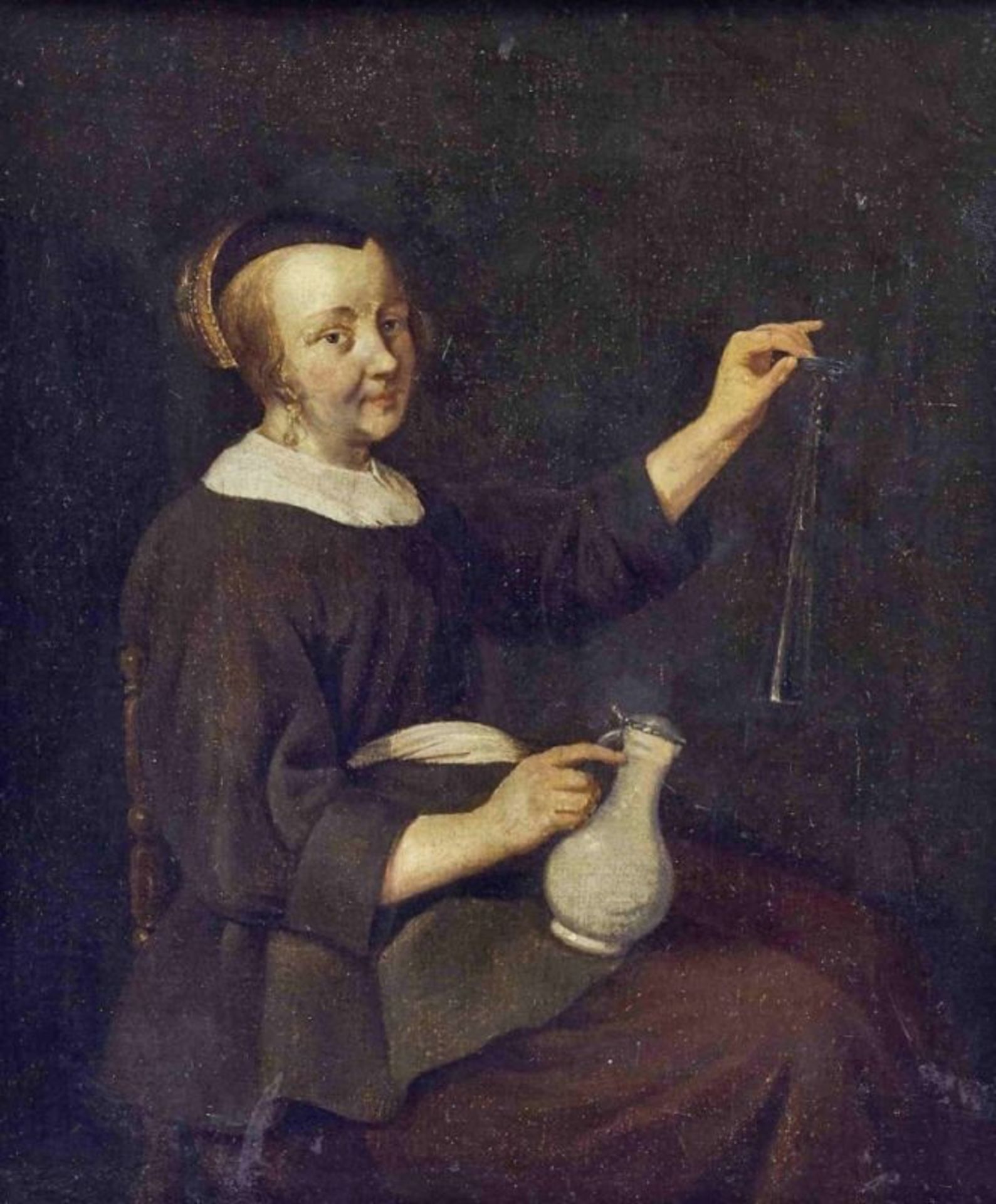 Dame mit Weinkrug und Flötenglas, Niederländischer Meister des 17. Jahrhunderts - Image 2 of 2