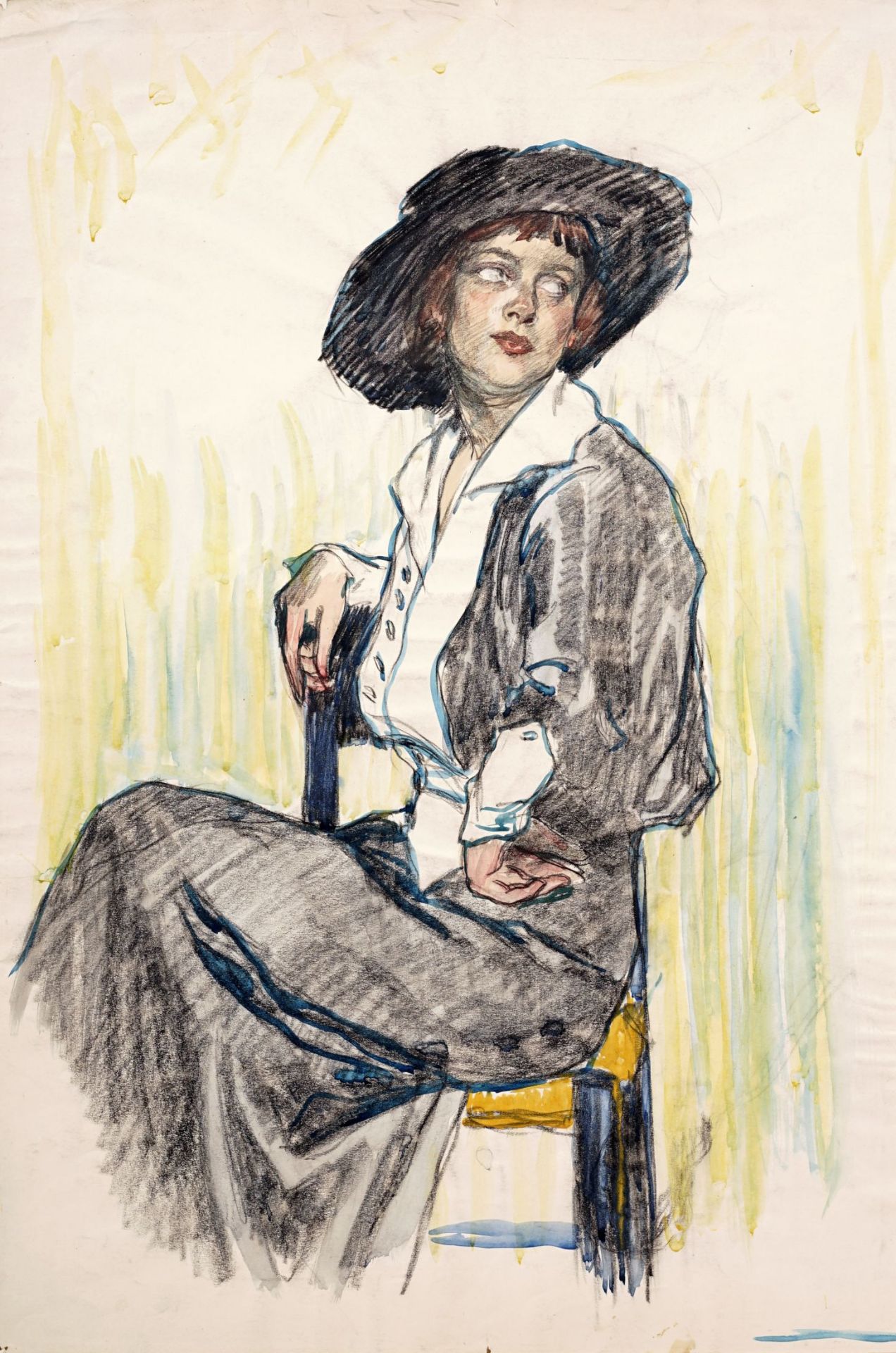 Ferdinand Dorsch, Sitzende junge Dame mit Hut (Johanna Dorsch?). Wohl 1910er Jahre.