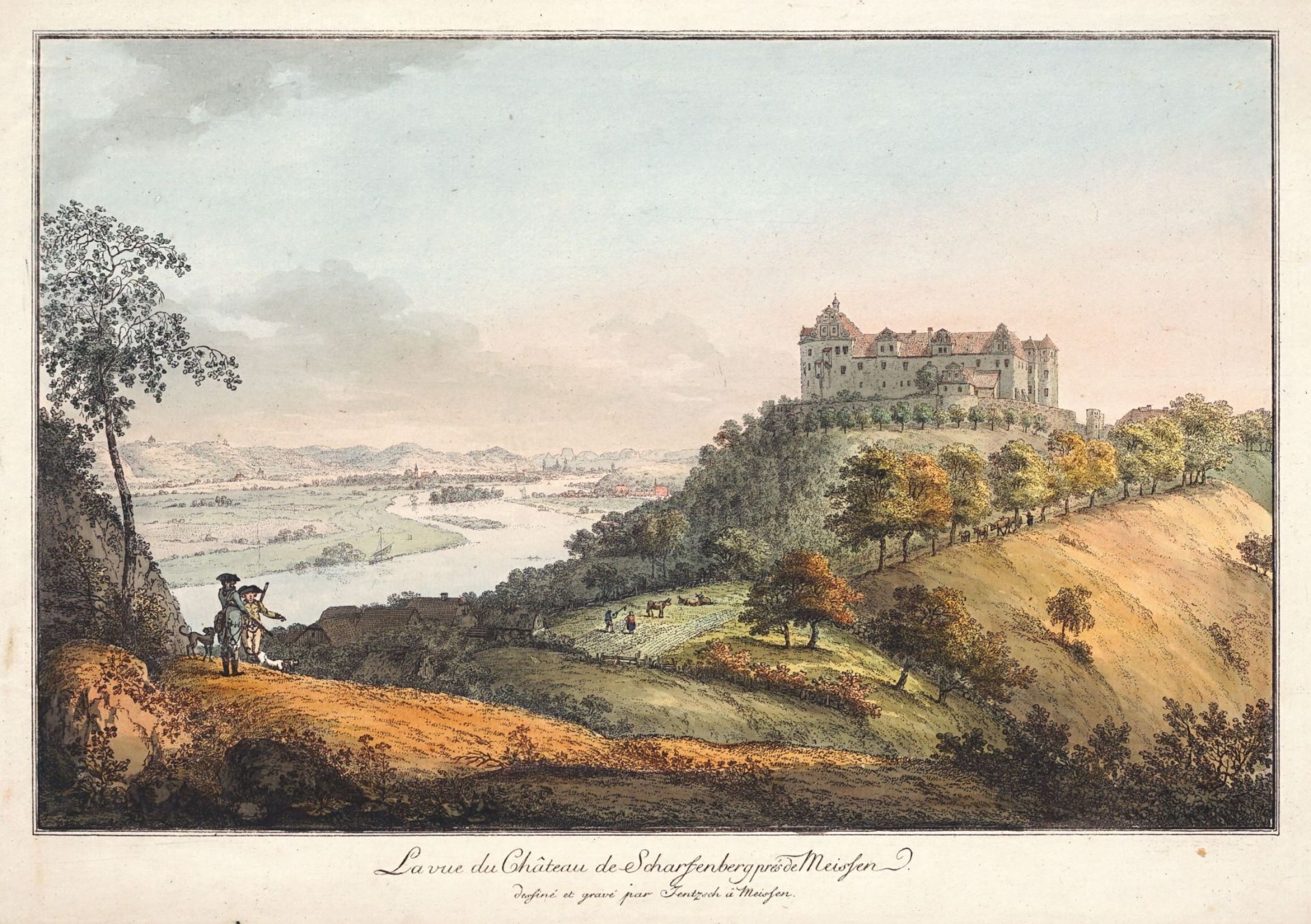 Johann M. Gottfried Jentzsch "La vue du Château de Scharfenberg près de Meissen". Um 1800.