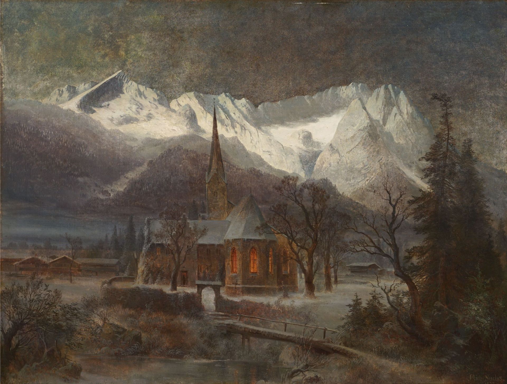 Michael Sachs, Garmisch-Partenkirchen in der Dämmerung mit Blick auf das Zugspitz-Massiv. 1877.