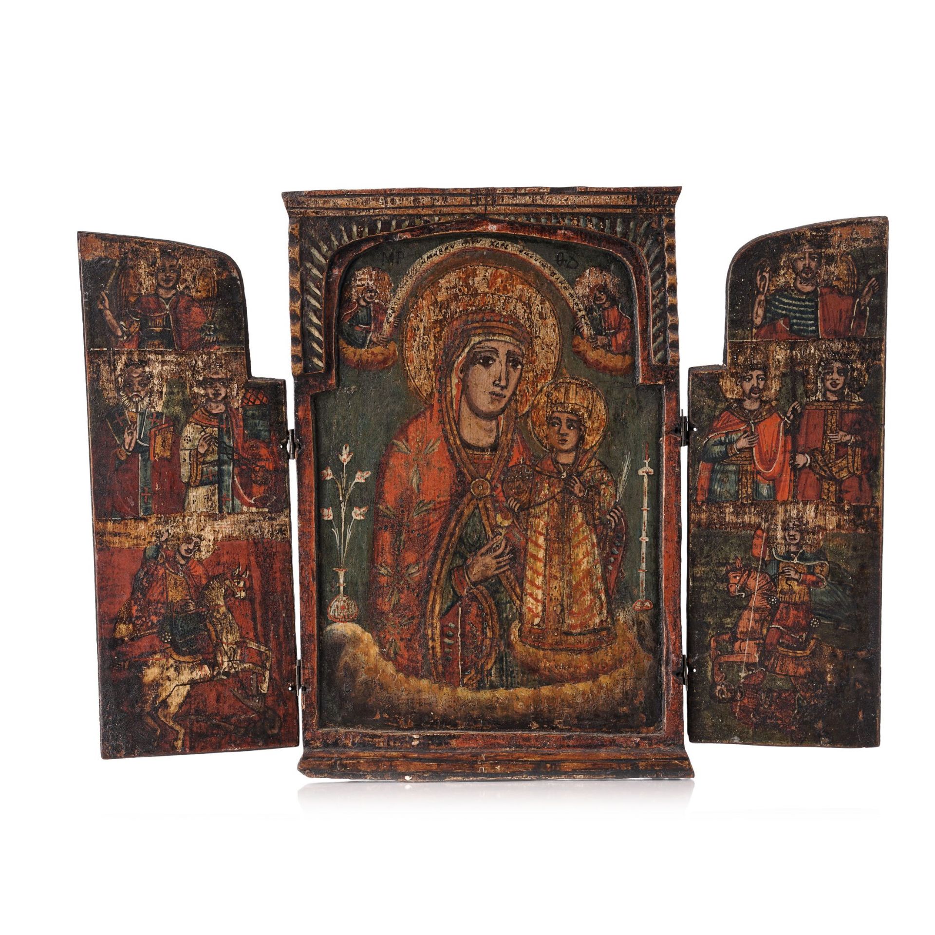 Reise-Ikone, Triptychon, mit Gottesmutter "Nicht verwelkende Rose" und ausgewählten Schutzpatro...