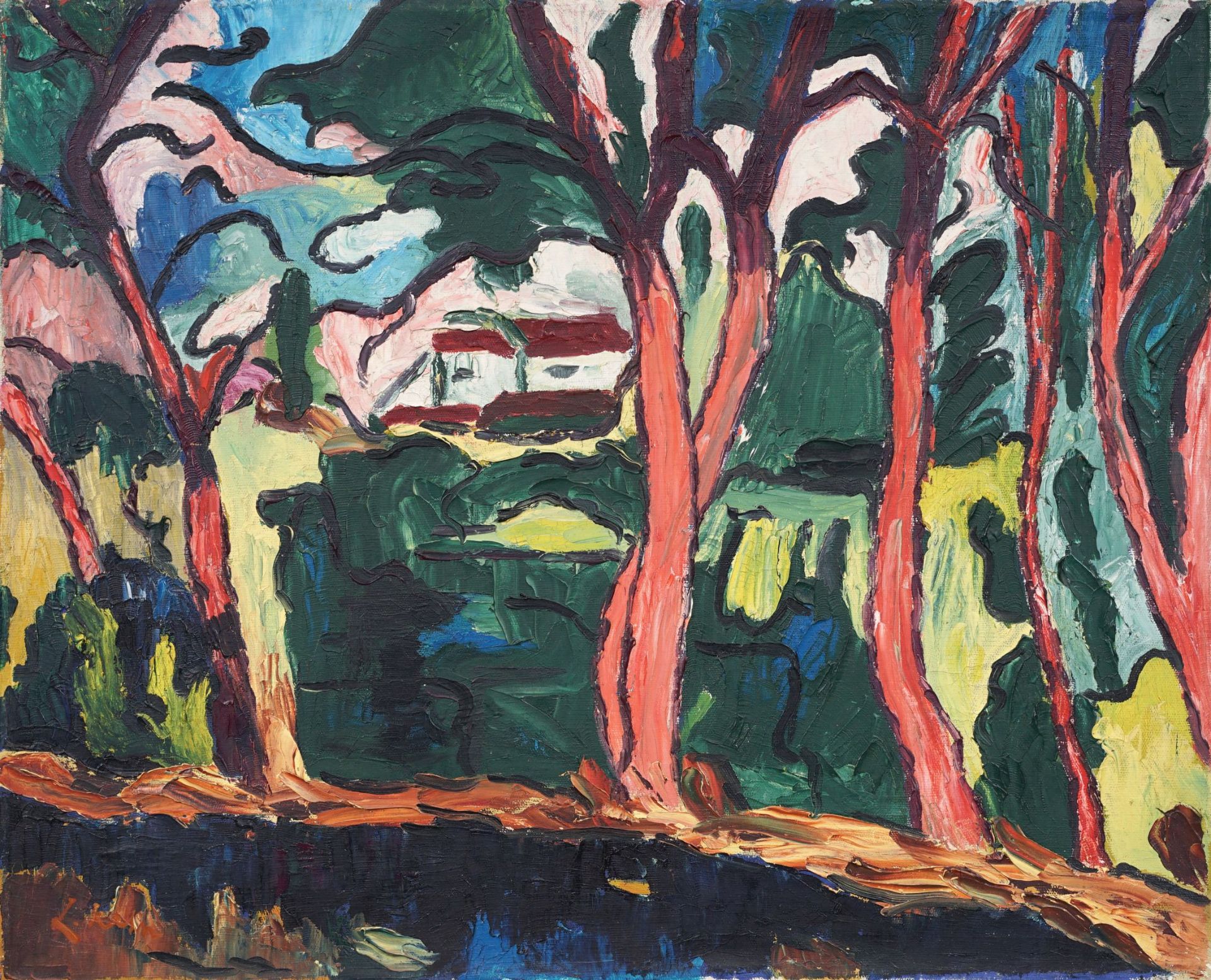 Leo Kahn (zugeschr.), Baumbestandene Landschaft mit Bachlauf. Wohl 1930er Jahre.