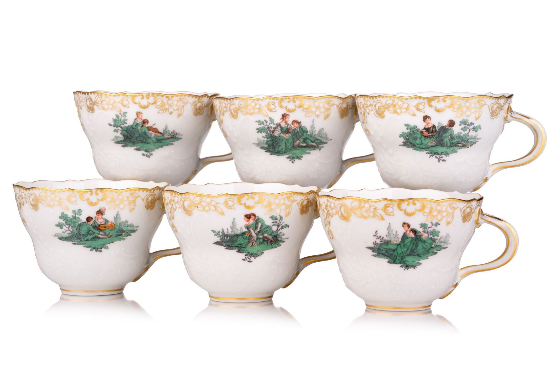 Seltenes Kaffeeservice "Watteaumalerei in Kupfergrün" für 12 Personen. Meissen. Nach 1748. - Image 8 of 11