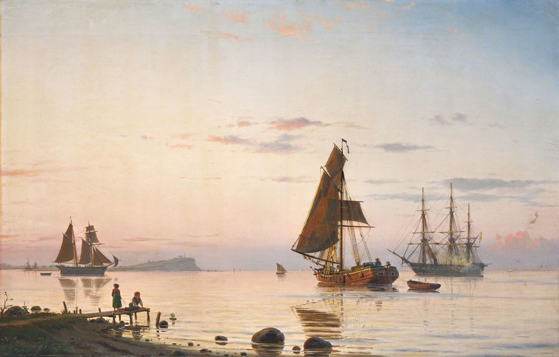 Christian Frederik Emil Eckardt, Segler im Abendlicht vor Samsø, Dänemark (?). 1863.