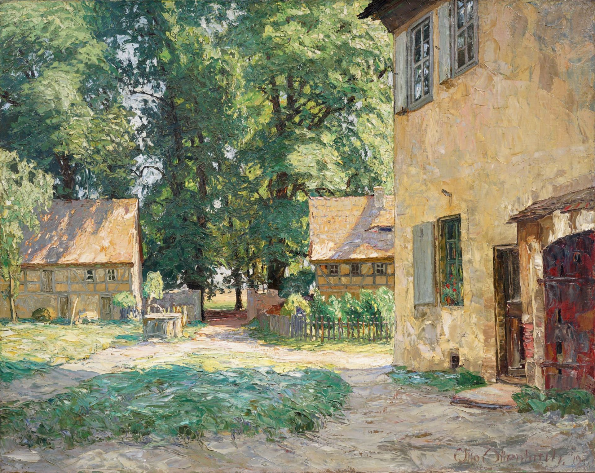 Otto Altenkirch "Sommertag im Hellergut" (Blick auf die Einfahrt mit den Aussiedler-Häusern). 1919.