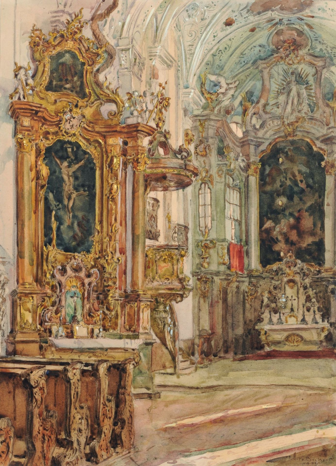 Fritz Beckert, Interieur der Schlosskirche der Residenz Ellingen. 1933.