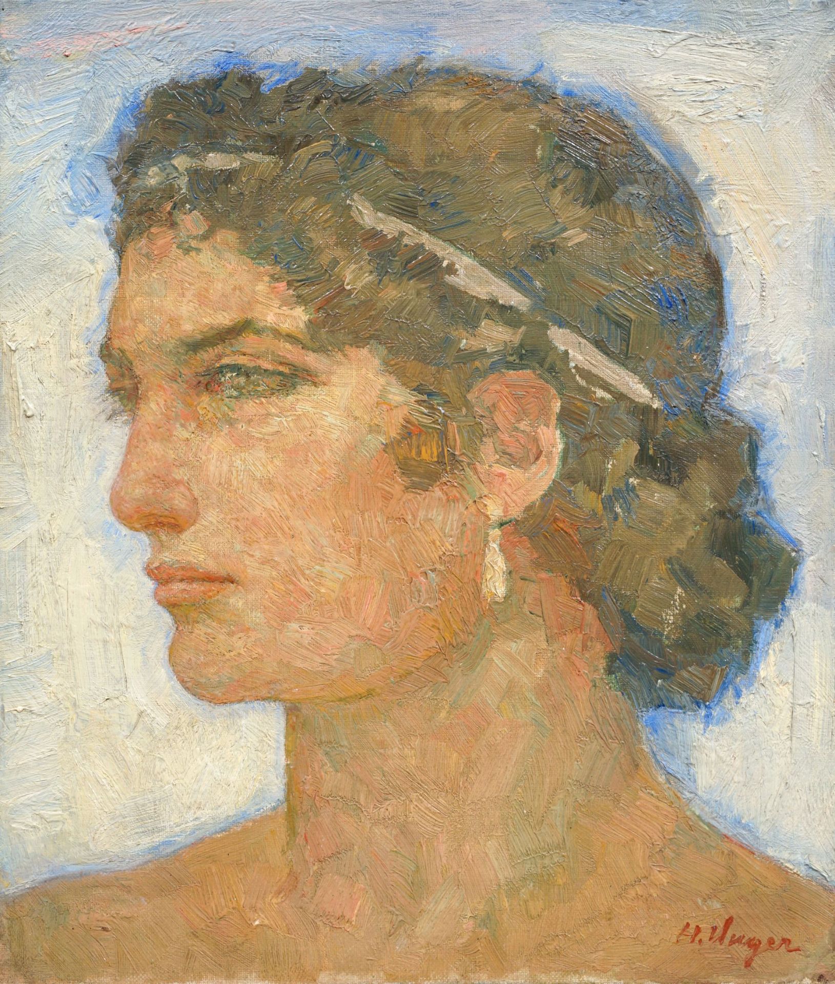 Hans Unger, Frauenkopf mit Ohrring im Profil. 1910er/1920er Jahre.