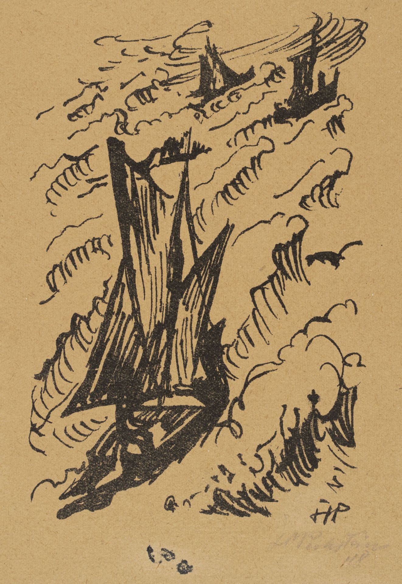 Hermann Max Pechstein "Kurenkähne in schwerer See" / Kopf. 1948.