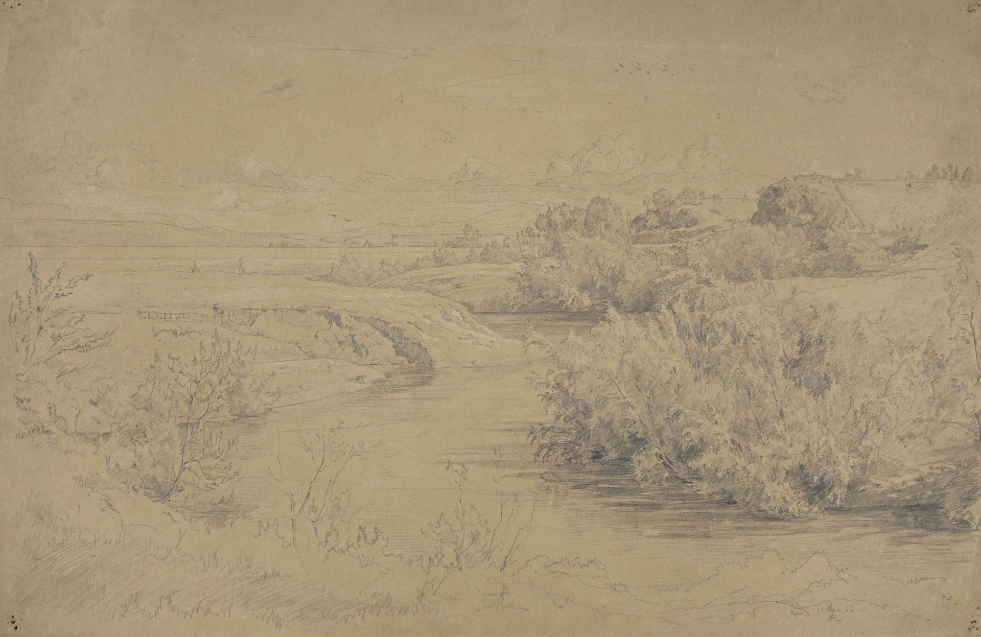 Franz Albert Venus (Umkreis), Landschaft mit Flusslauf bei Rom (Aniene?). 1866.