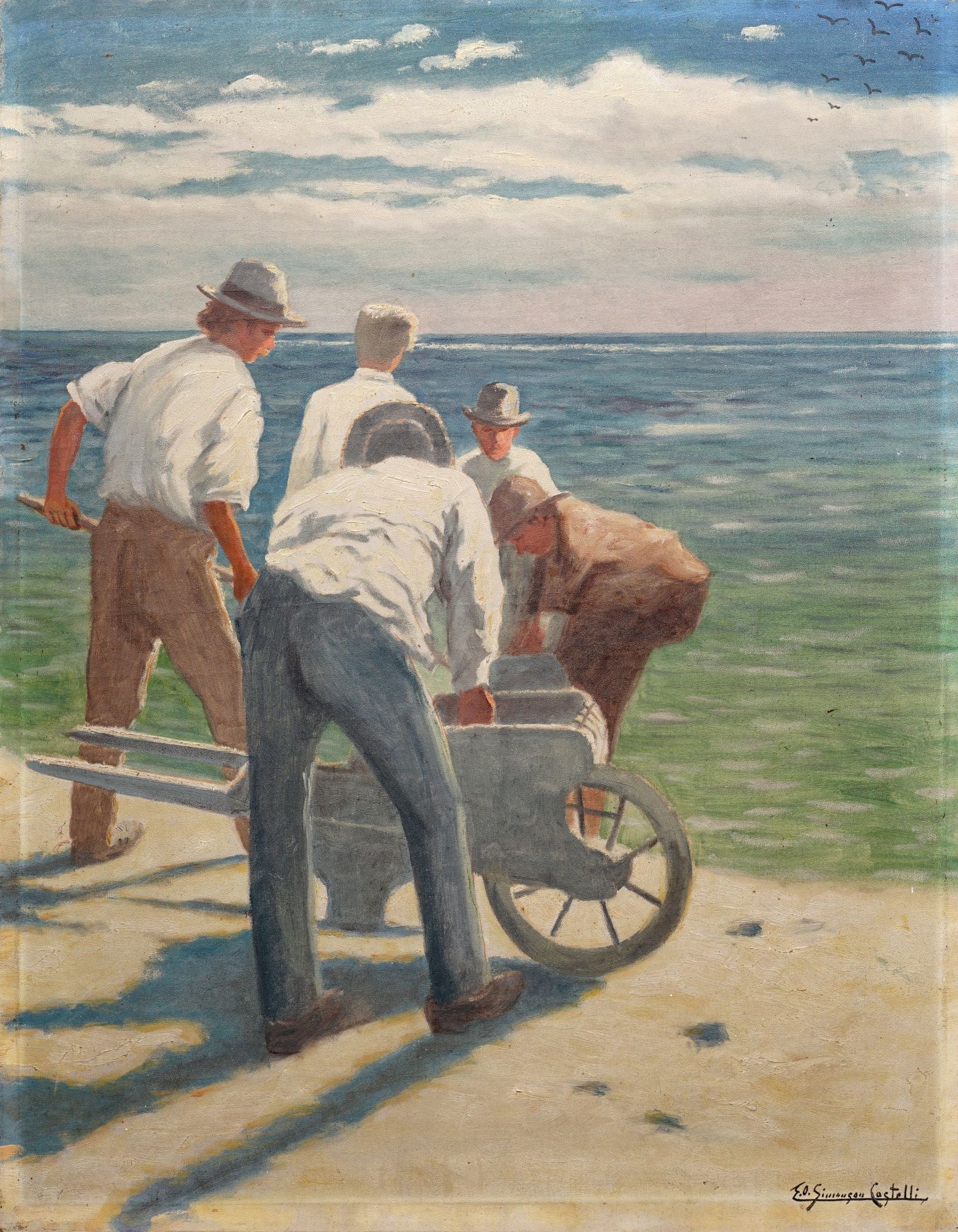 Ernst Oskar Simonson-Castelli, Männer mit Handkarren am Meeresstrand. Um 1900.
