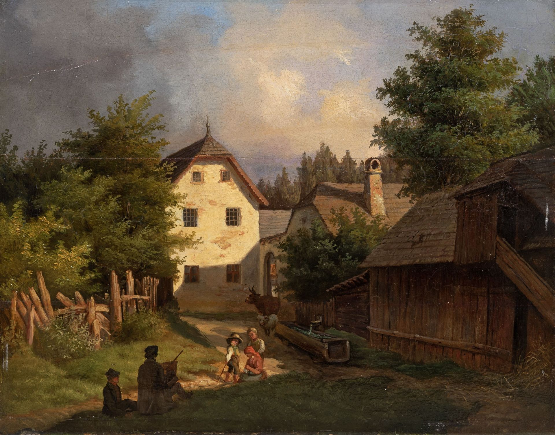 Adrian Ludwig Richter (in der Art von), Der Maler mit den Kindern vor dem Dorf. Spätes 19. Jh.