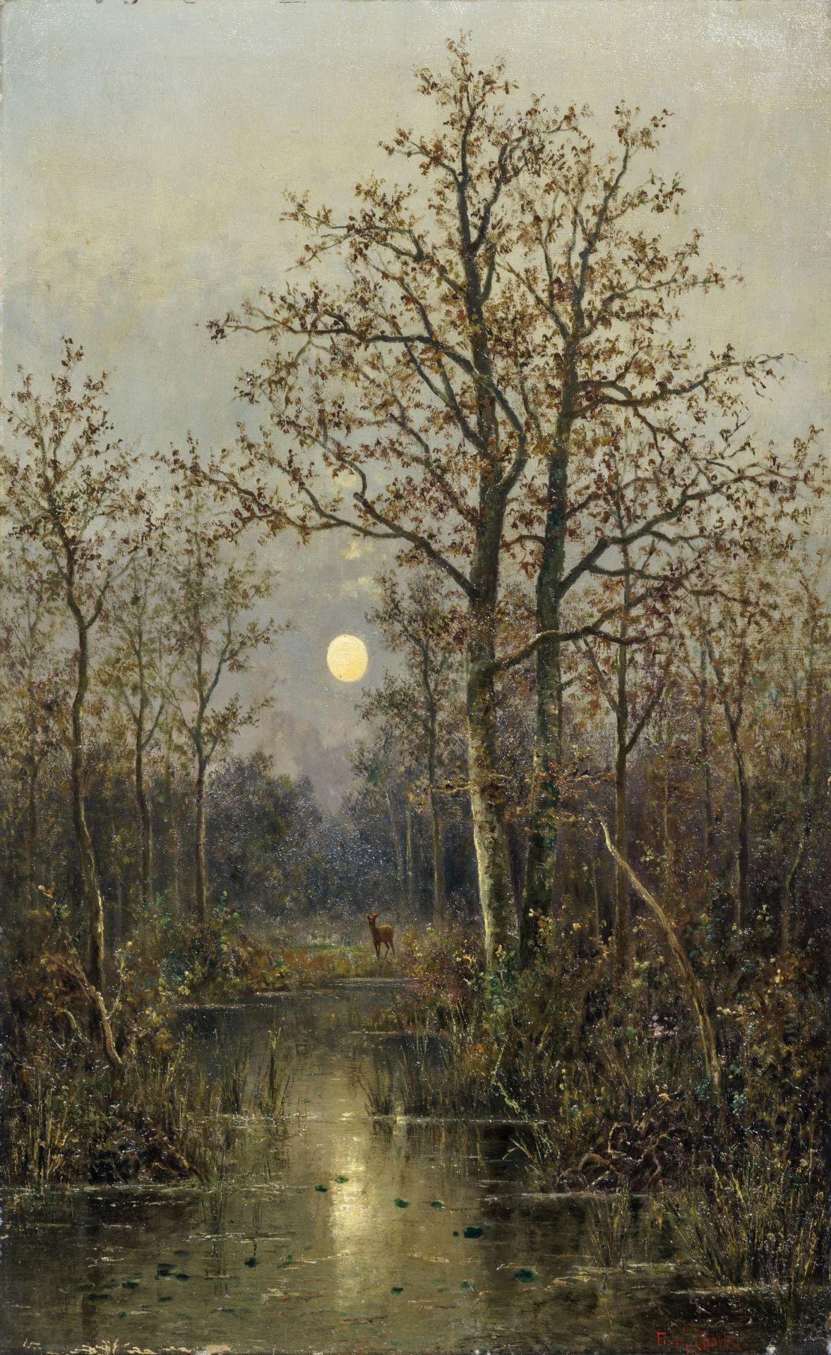 Franz Josef Georg Illem, Reh am nächtlichen Waldweiher. Wohl 1880er/1890er Jahre.