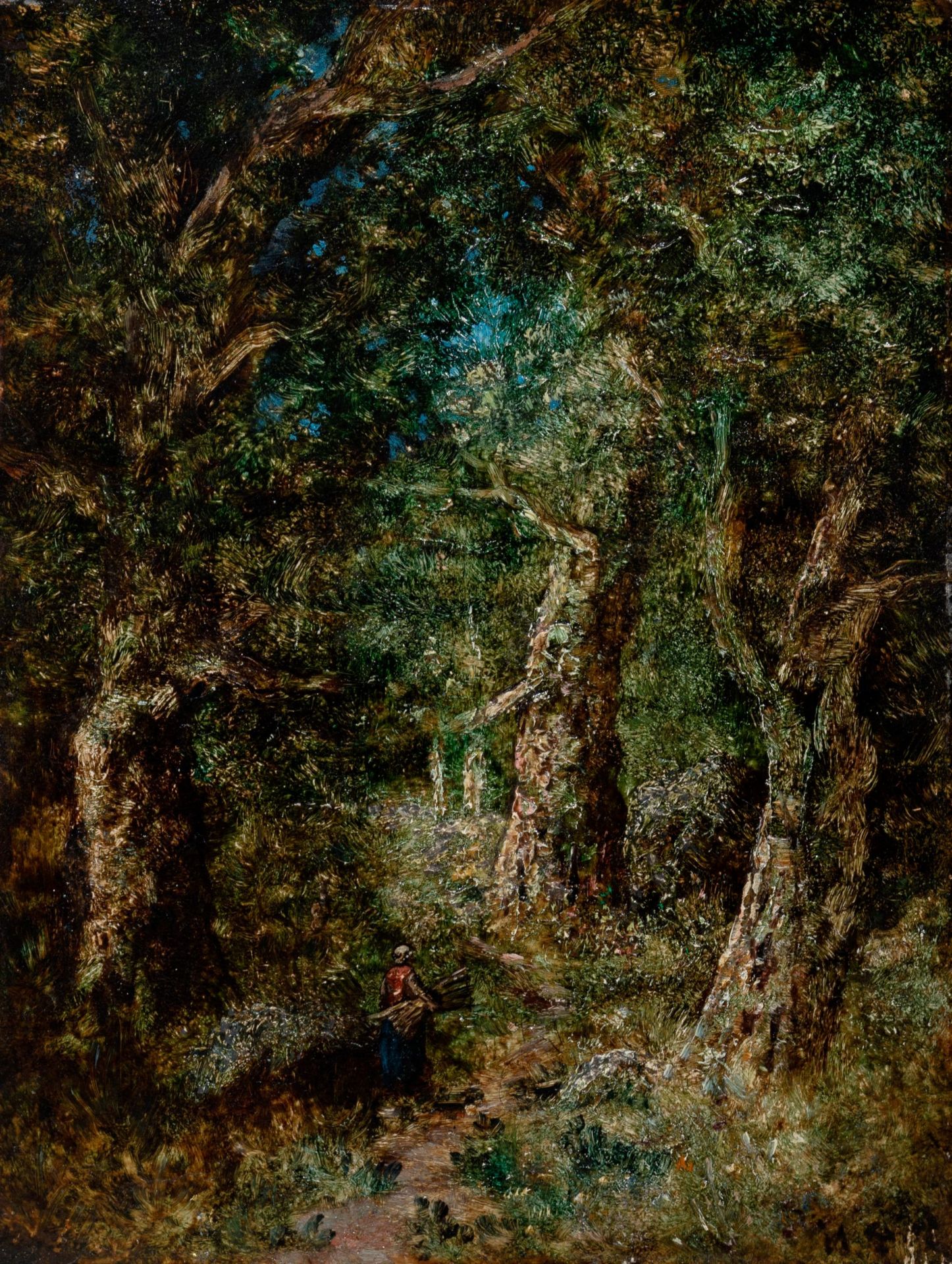 Narcisse Virgile Diaz de la Peña "Étude de hêtres dans la forêt, femme vêtue de rouge". 1860er ...