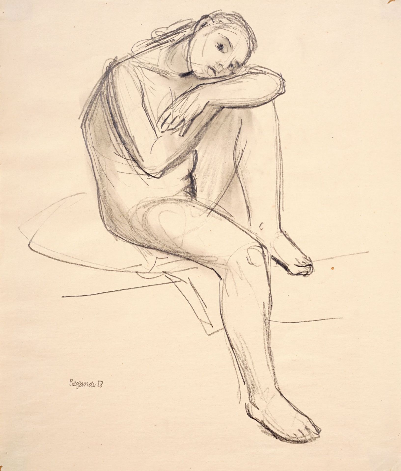 Rudolf Bergander "Sitzender weiblicher Akt mit linken hochgezogenen Bein, Arme auf linkem Knie,...