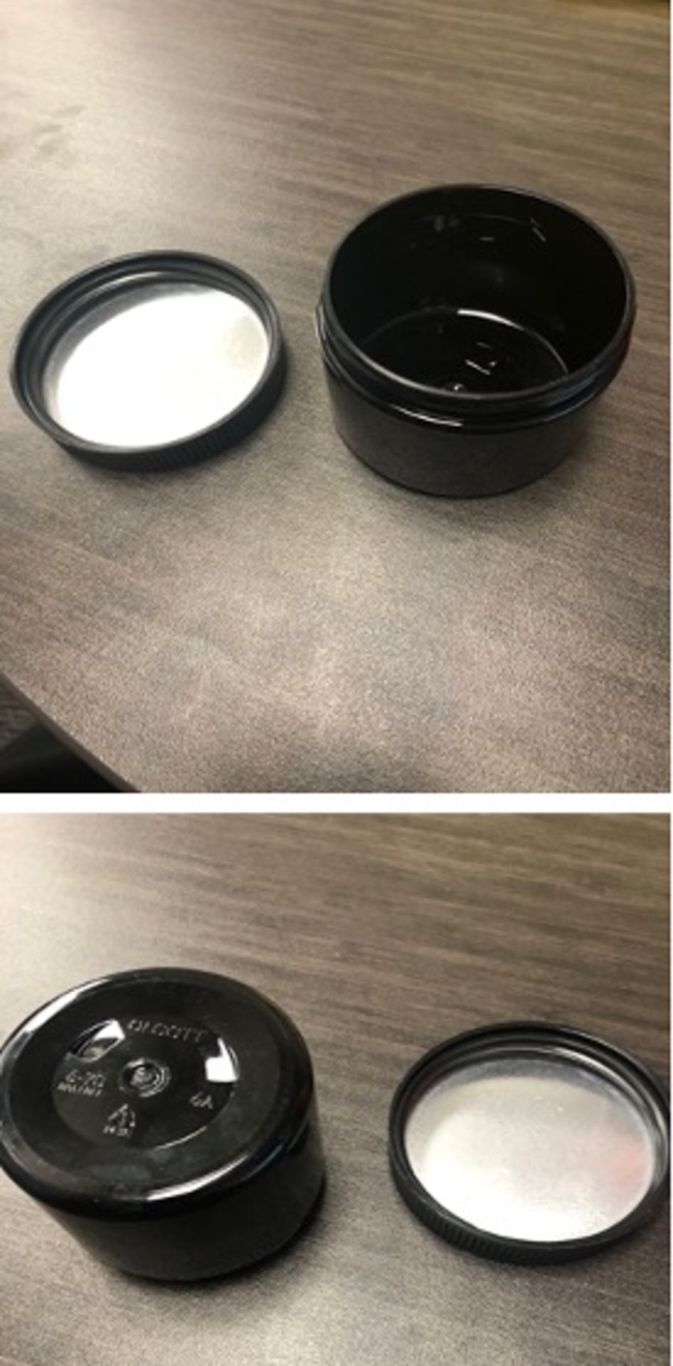 (Located in Leamington, ON, CA) Black Jars 6 oz, Complete w/ Cap, 70mm, Black, Qty 7,200 (2 Pallets)