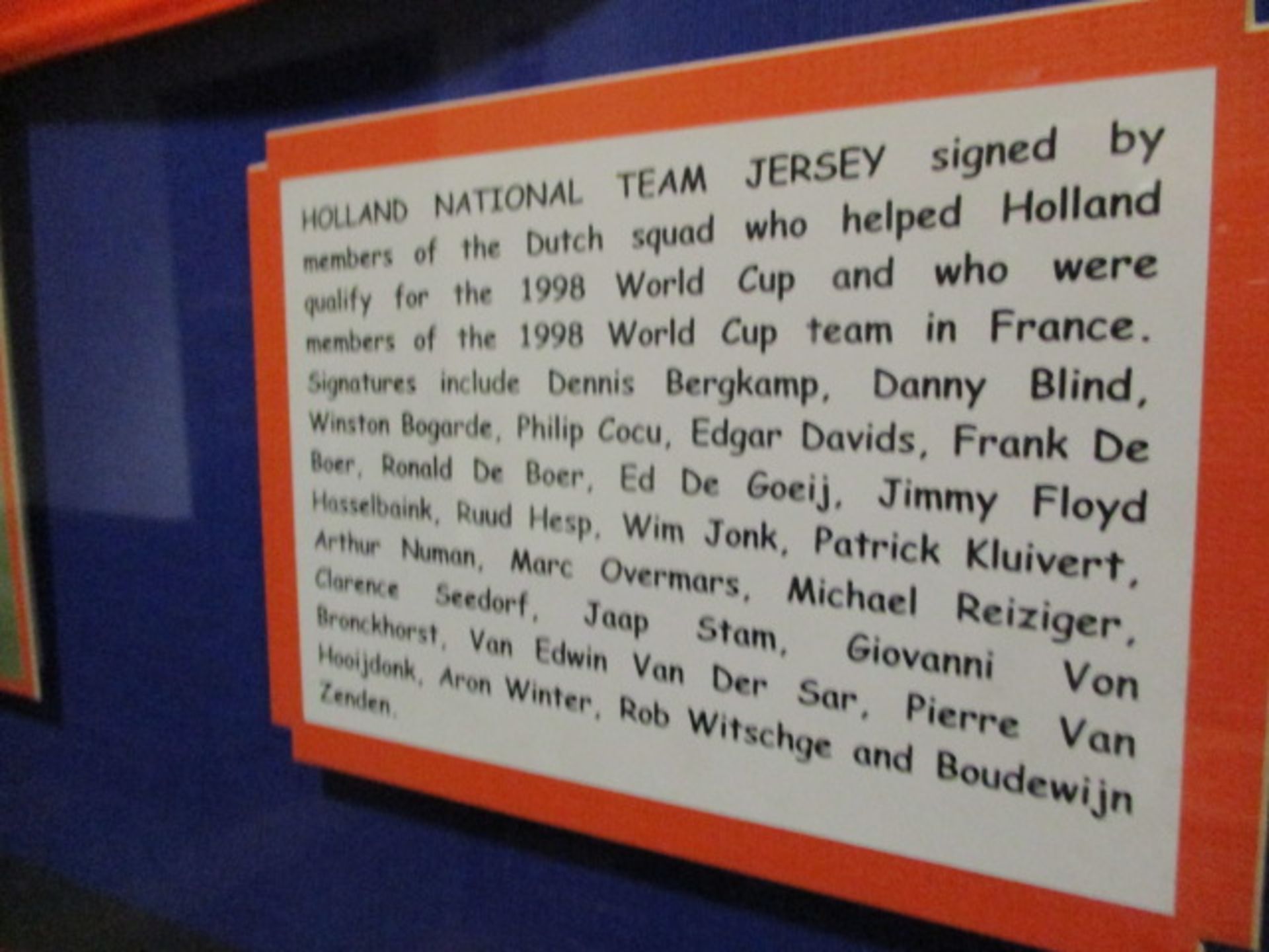 Holland National Team jersey - 1998 World Cup in France, 63-1/2in w x 46-1/2in hgt - Image 3 of 3