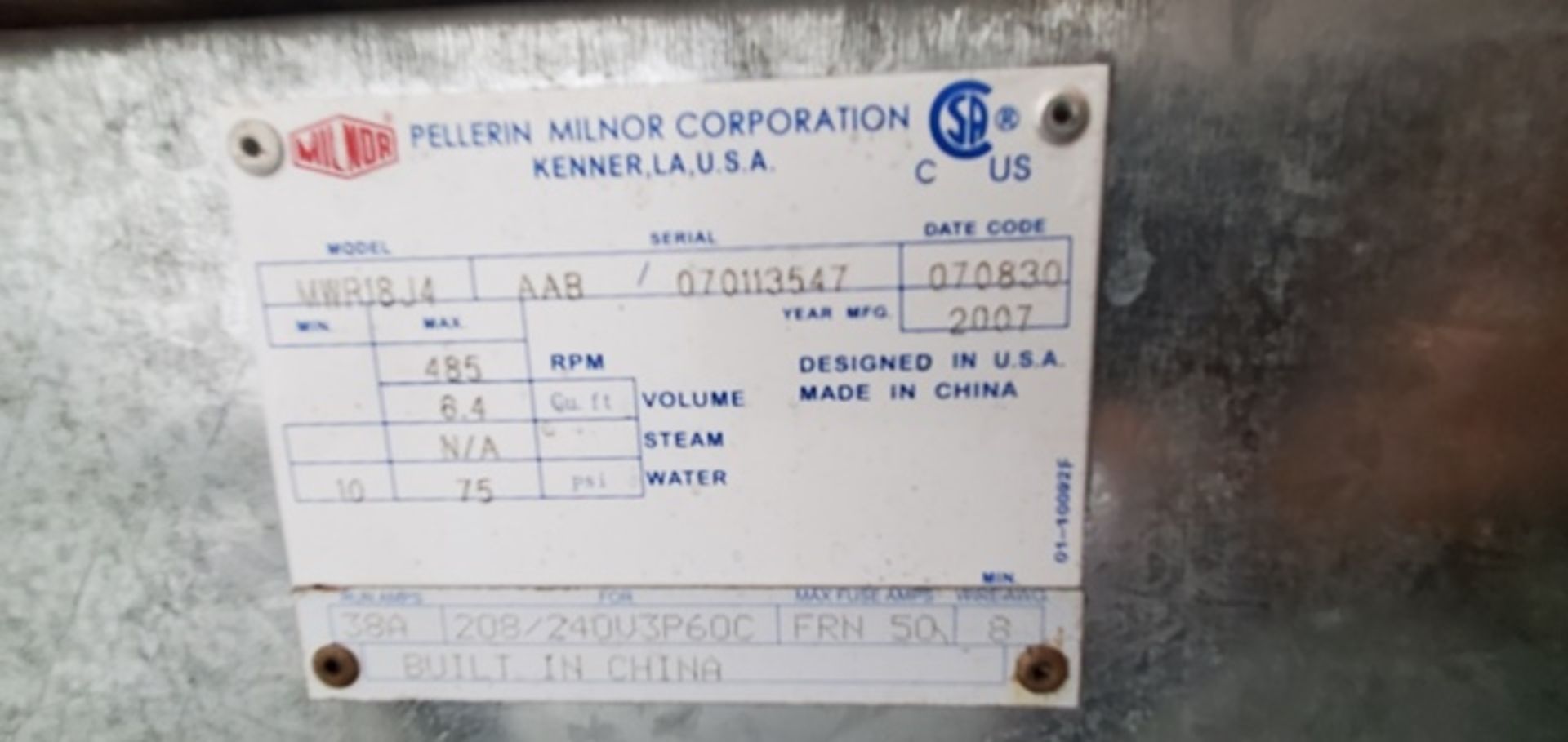 Milnor Commercial Washing Machine, Model MWR18J4, 208-240V 3 Phase 38A - Image 3 of 11