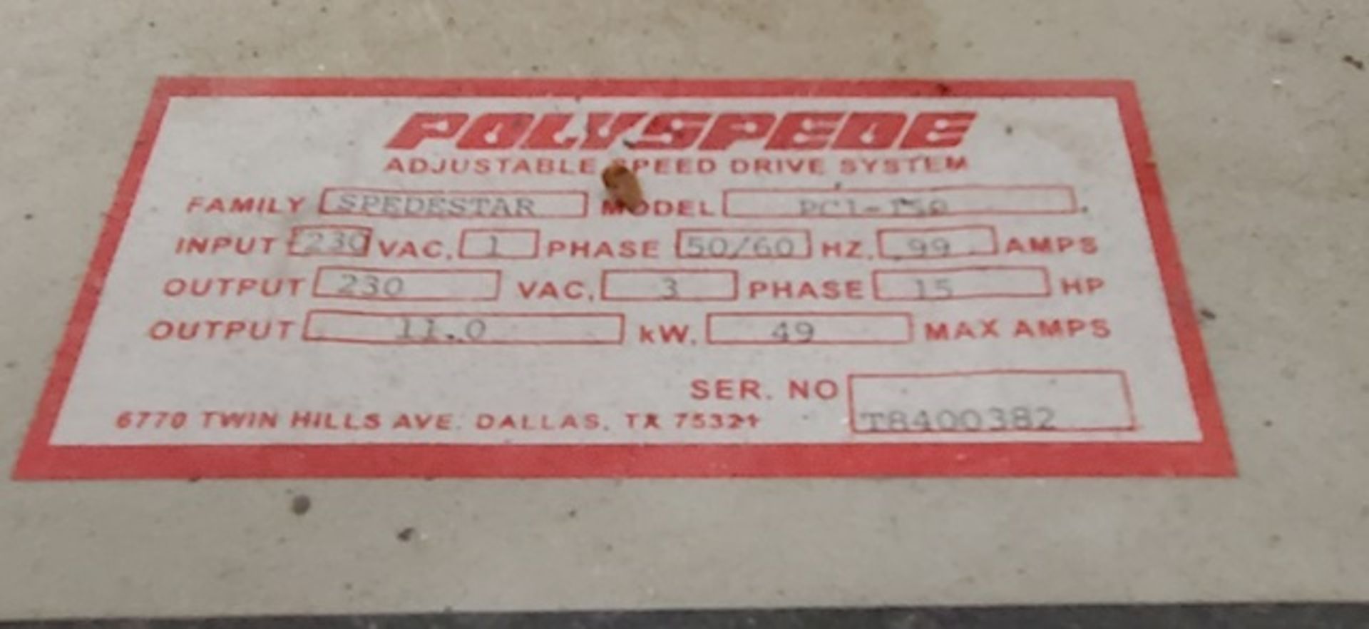 Polyspede Spedestar PCL 150 15HP VFD, 1PH 230vac input, 3PH 230V output, Serial TB400382 - Image 2 of 2