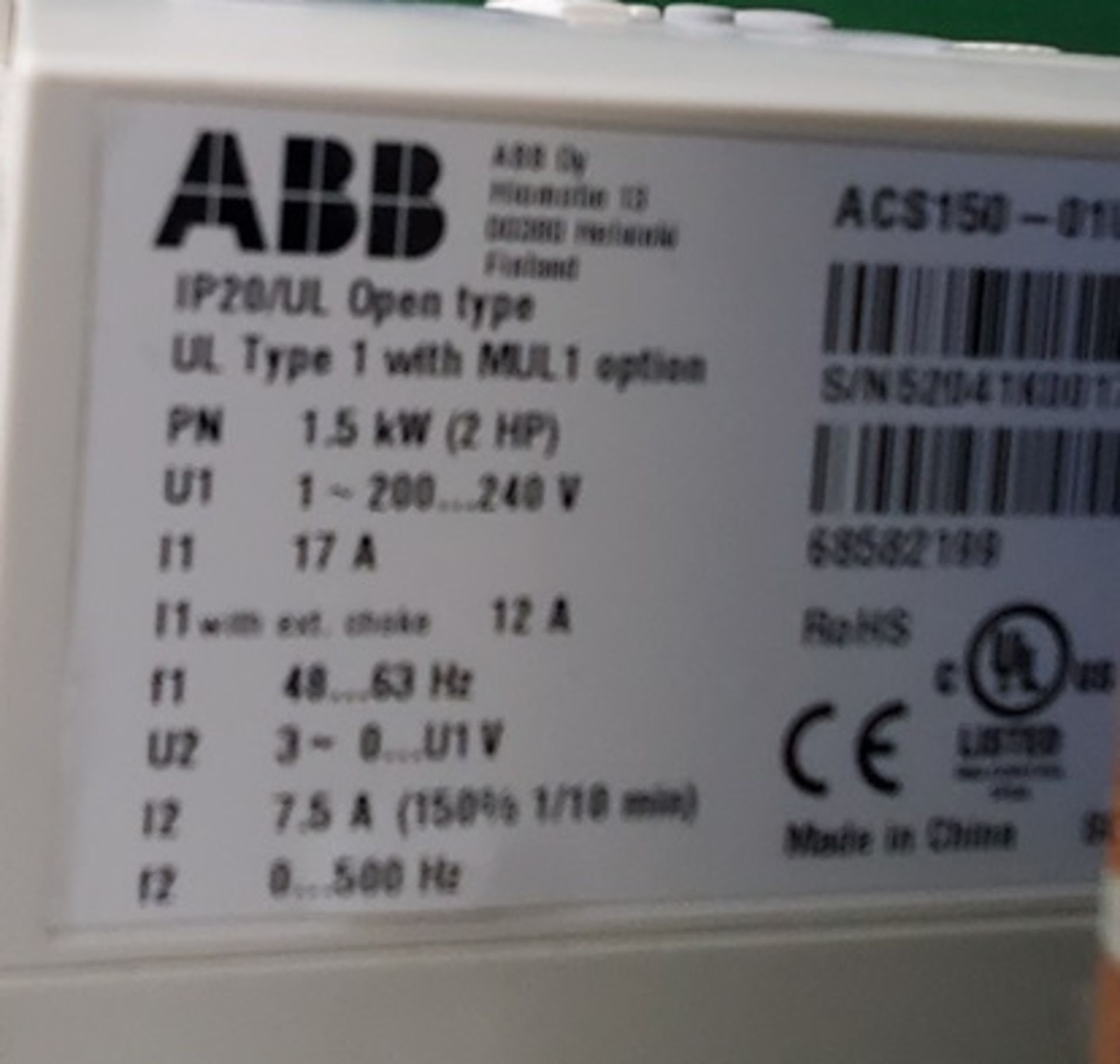 ABB ACS150 1.5Kw/2HP VFD, 1PH 200-240V input, 3PH 0-240V output - Image 3 of 5