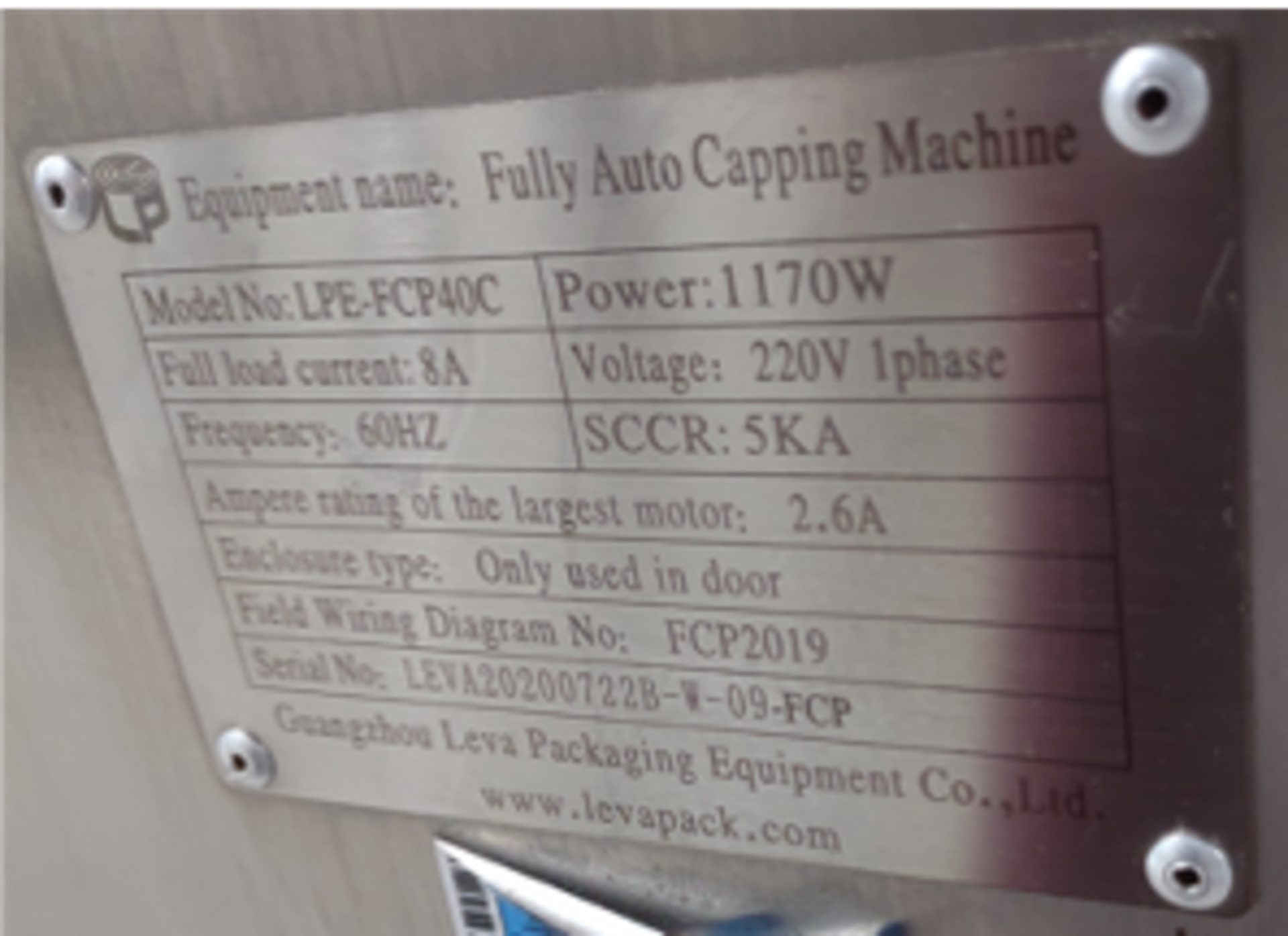 (Located in Evart, MI) LevaPack Fully Auto Capping Machine, Model# LPE-FCP40C, Serial# - Image 2 of 2