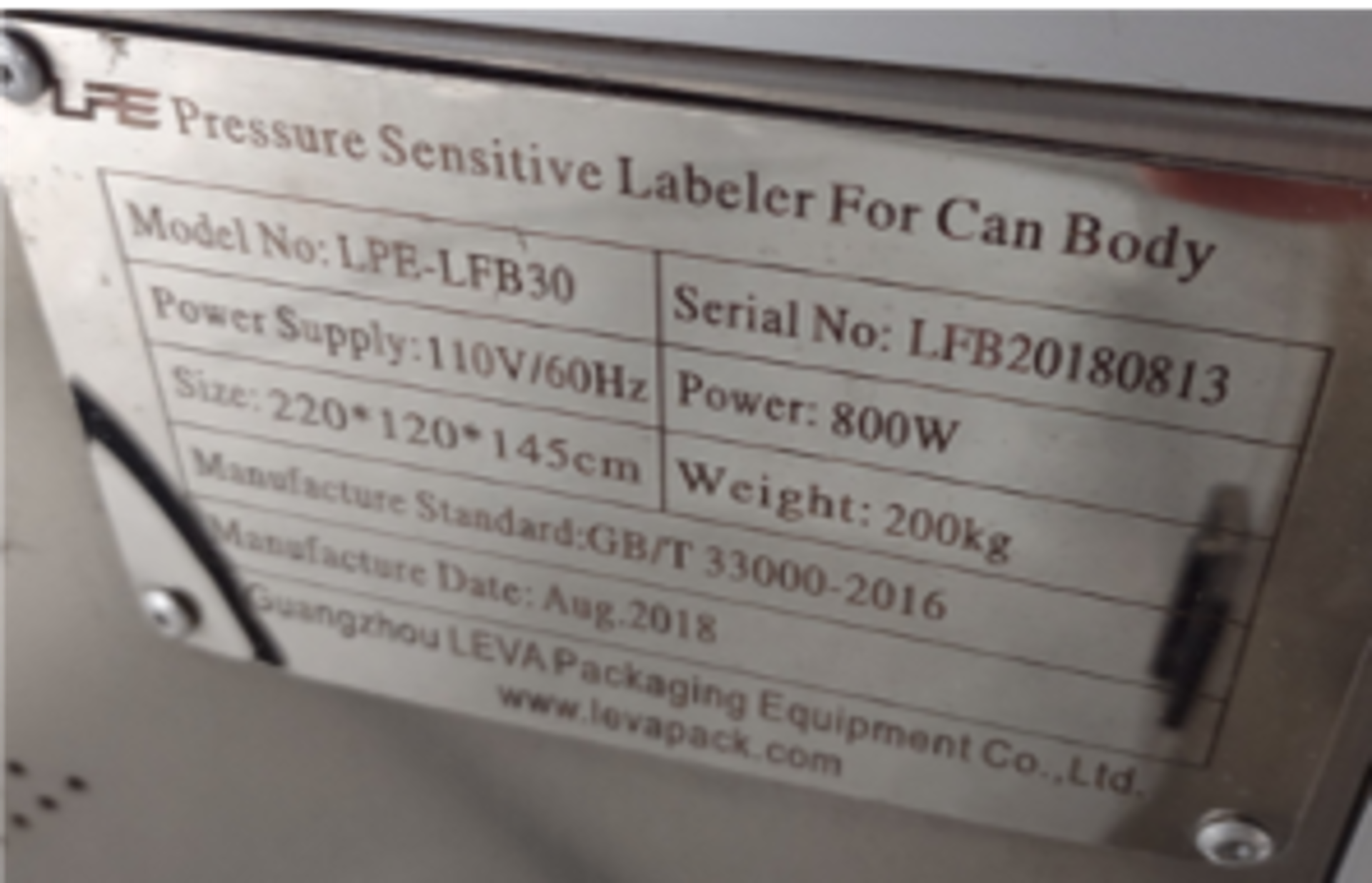 (Located in Evart, MI) LevaPack Pressure Sensitive Labeler For Can Body (Side Labeler), Model# LPE- - Bild 2 aus 2