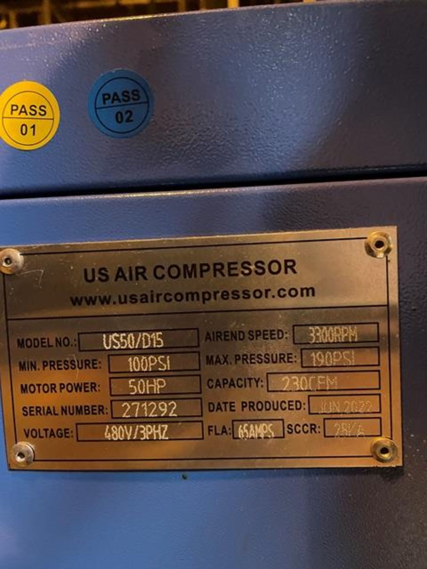 2022 US Model #US50/DI5 Rotary Screw Air Compressor, 50 HP Motor (Zero Hours), Rigging Fee - $800 - Image 2 of 3