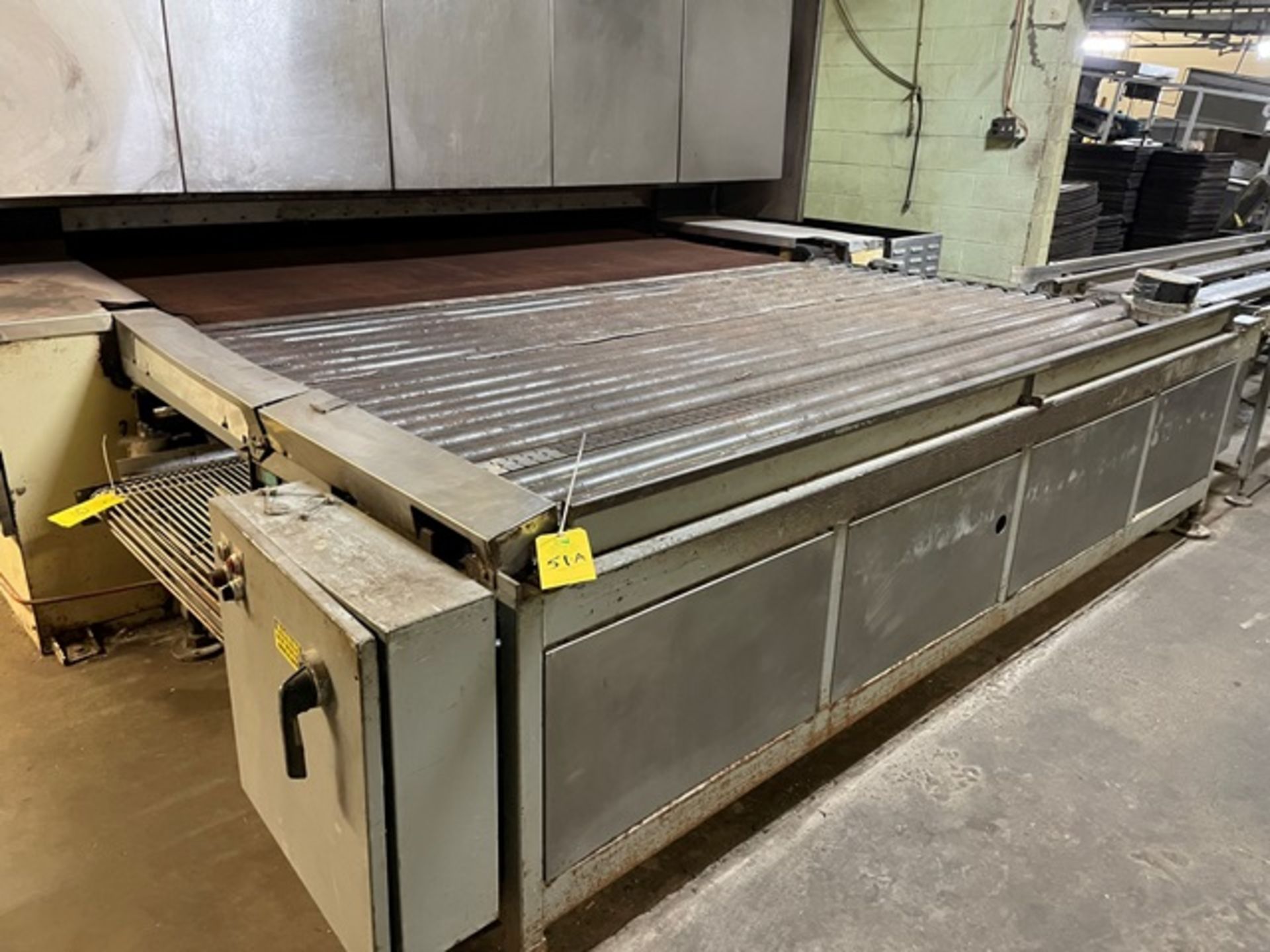 Motorized Oven Offload Roller Conveyor System, Approx. 11' Wide x 8' Length