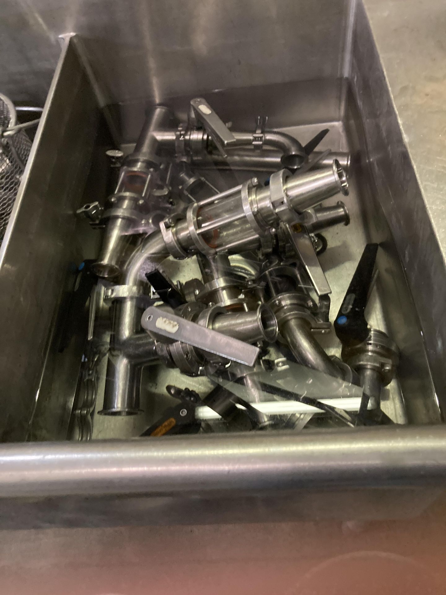 Stainless 3 bowl sink with content of sight glasses, clamps, butterfly valves, baskets, and - Image 4 of 7