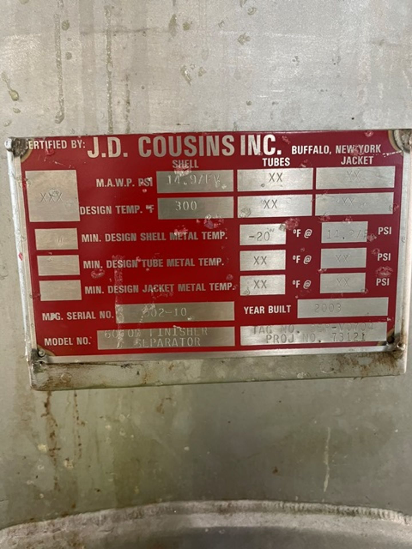 JD Cousins Finish Separator - #VO704 Stainless Steel Tank, Rigging & Loading Fee: $3000 - Image 3 of 3