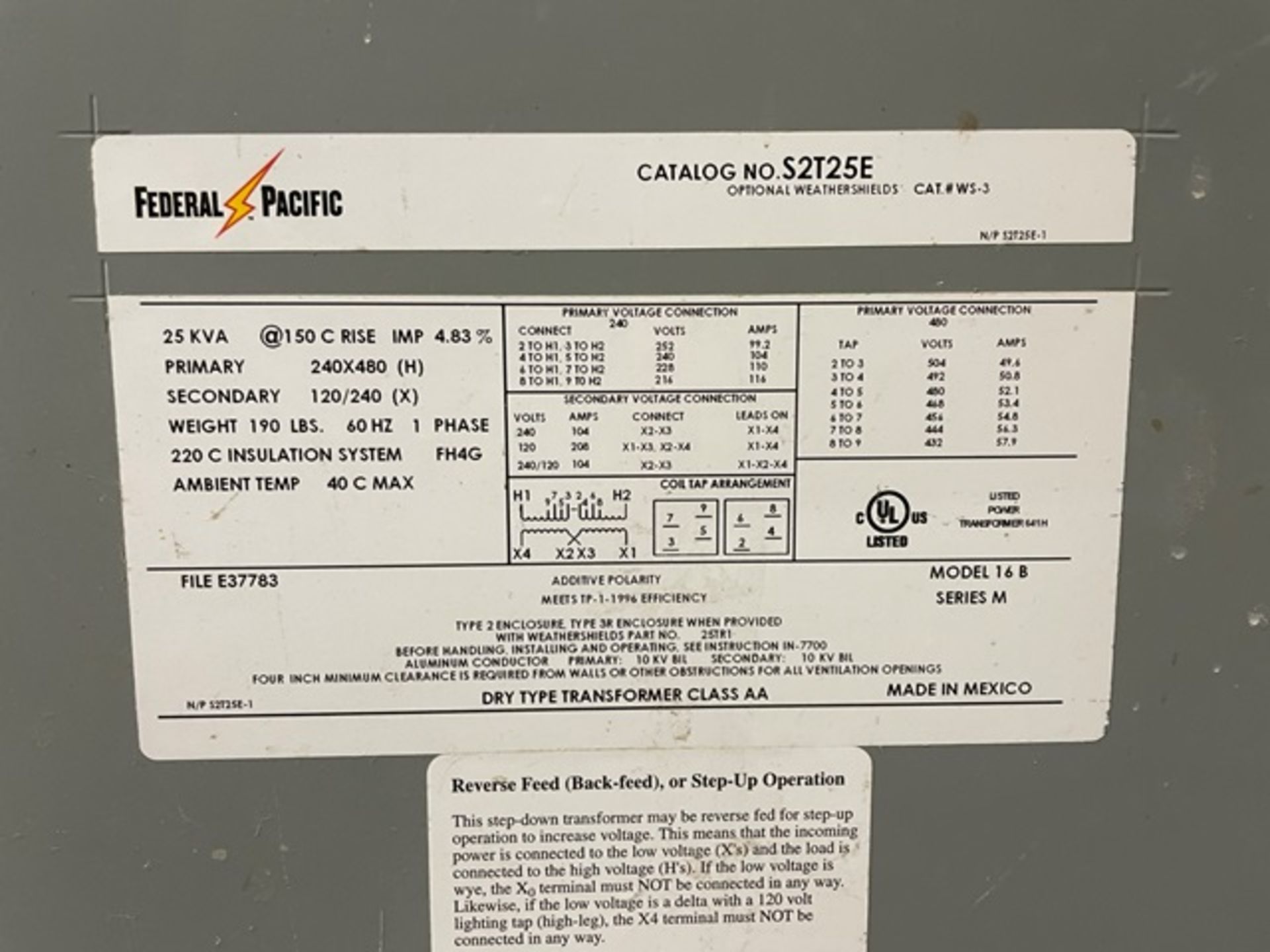 Federal Transformer Rated 25 KVA., Rigging & Loading Fee: $175 - Image 2 of 2