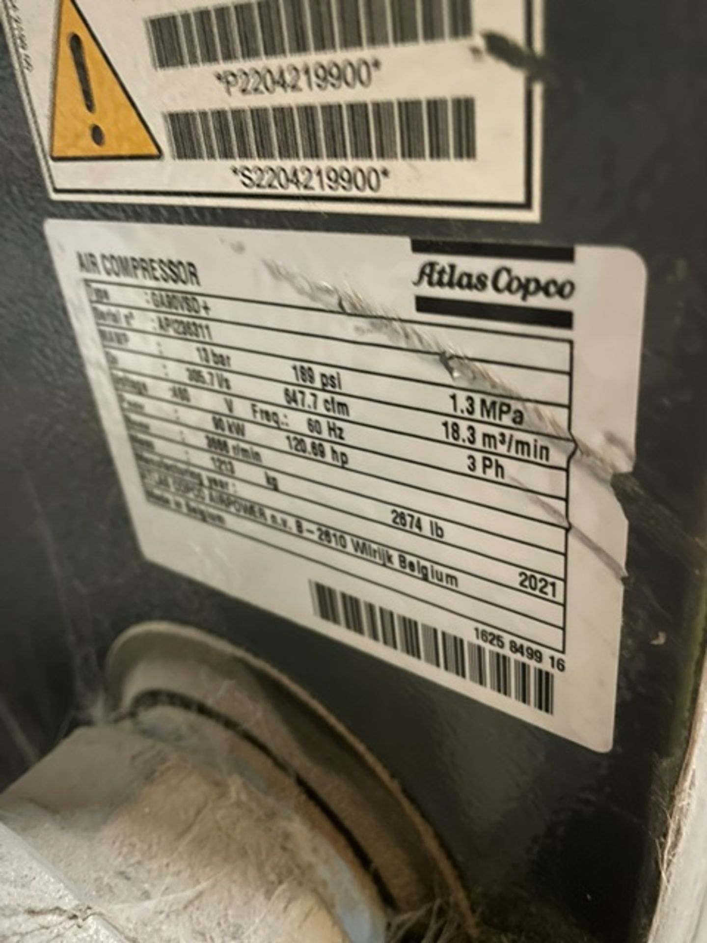 Atlas Copco #GA90VSD Rotary Screw Air Compressor, Includes Air Receptacle 7 Atlas Copco Dryer and - Image 2 of 3