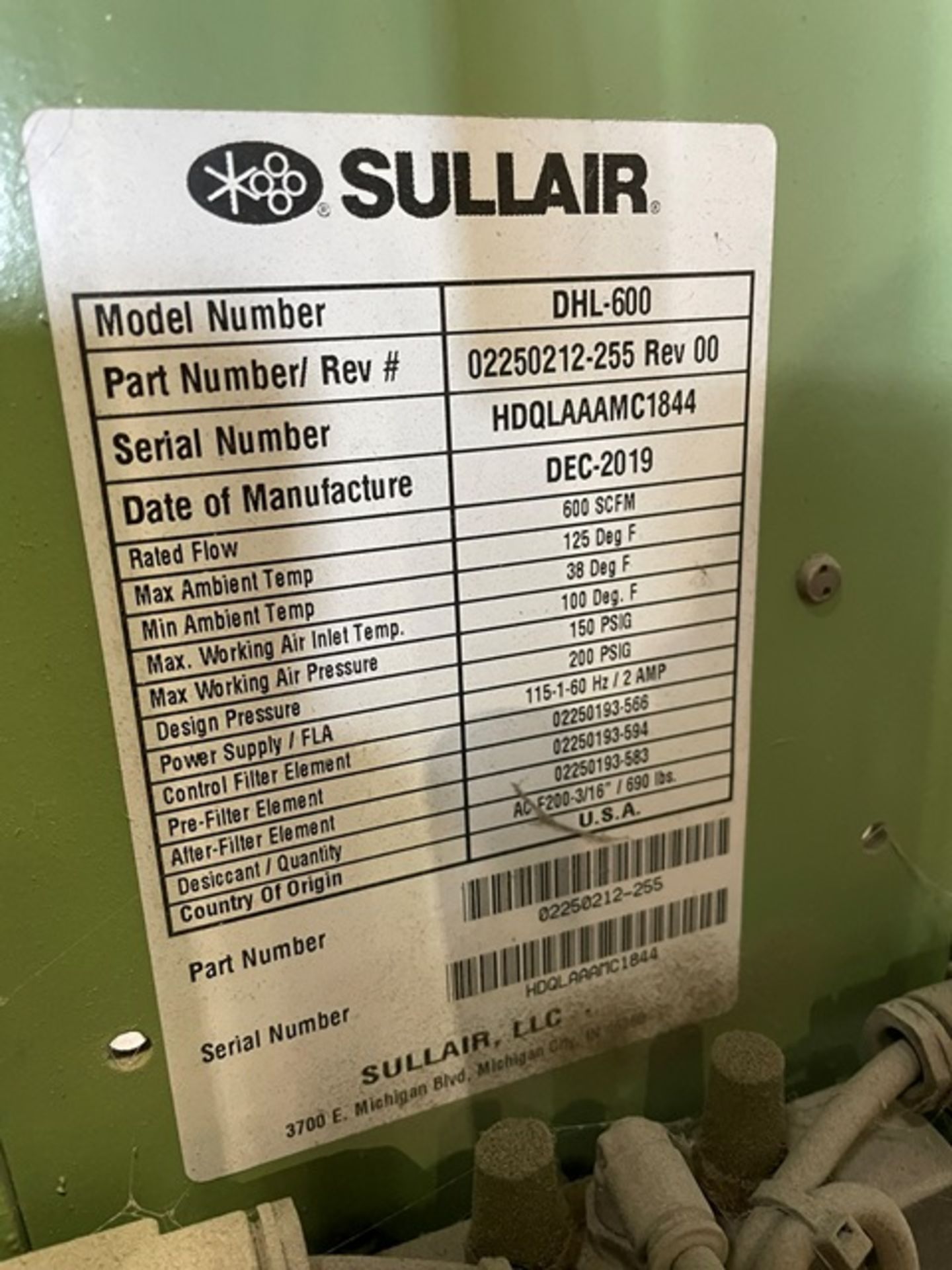 2019 Sullair Model DHL-600 Dryer - Image 2 of 2