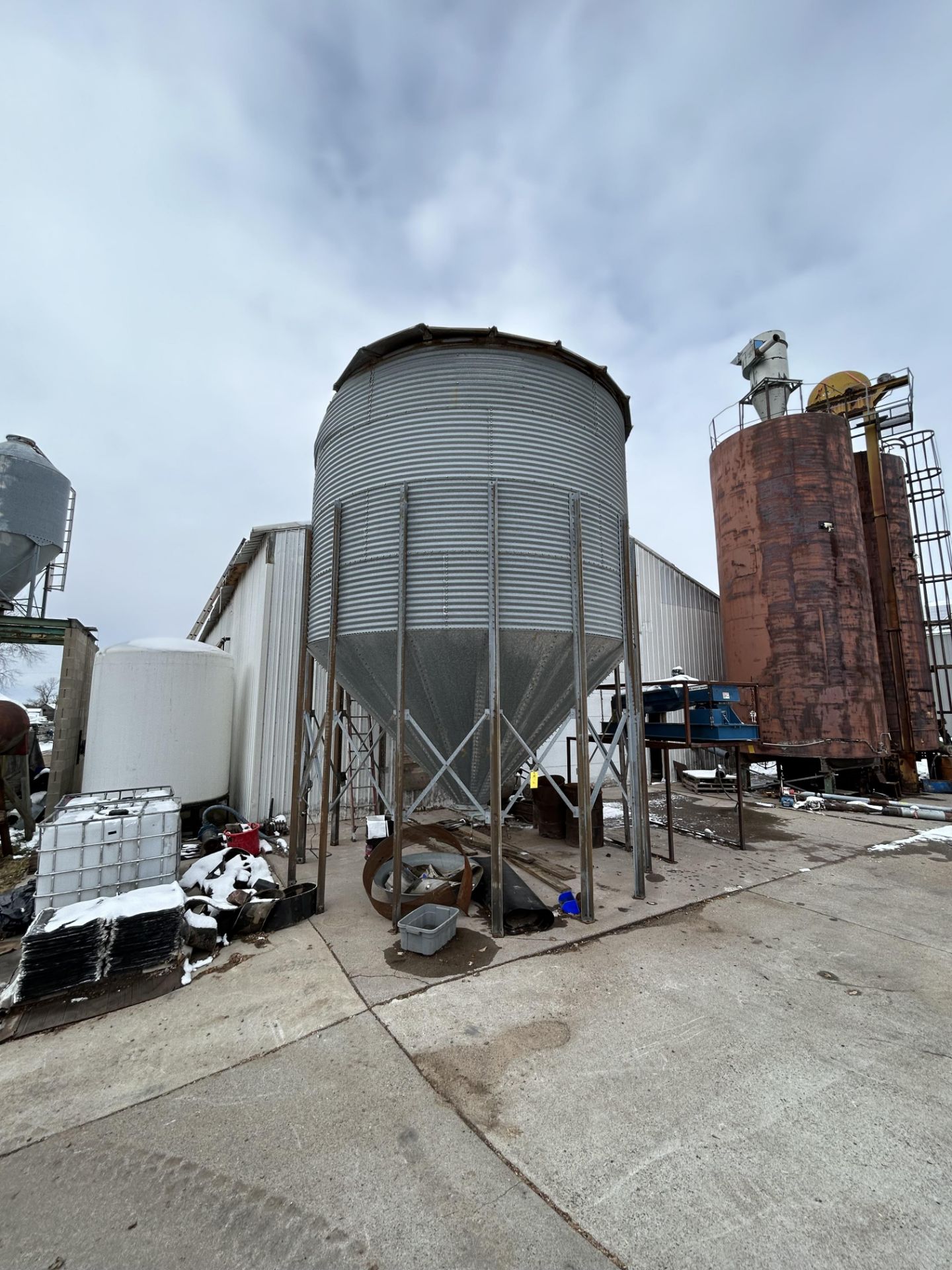 Metal Bulk Feed Bin (Used for Wood Pellets), Damaged in fire, one side of bin has collapsed in