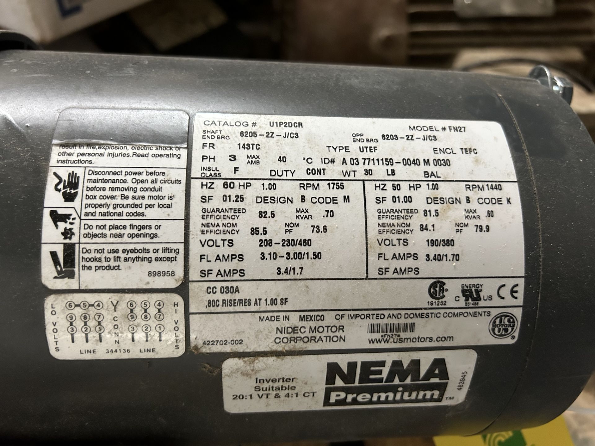 Nema 1 Hp Motor, Frame 143TC - Image 2 of 3