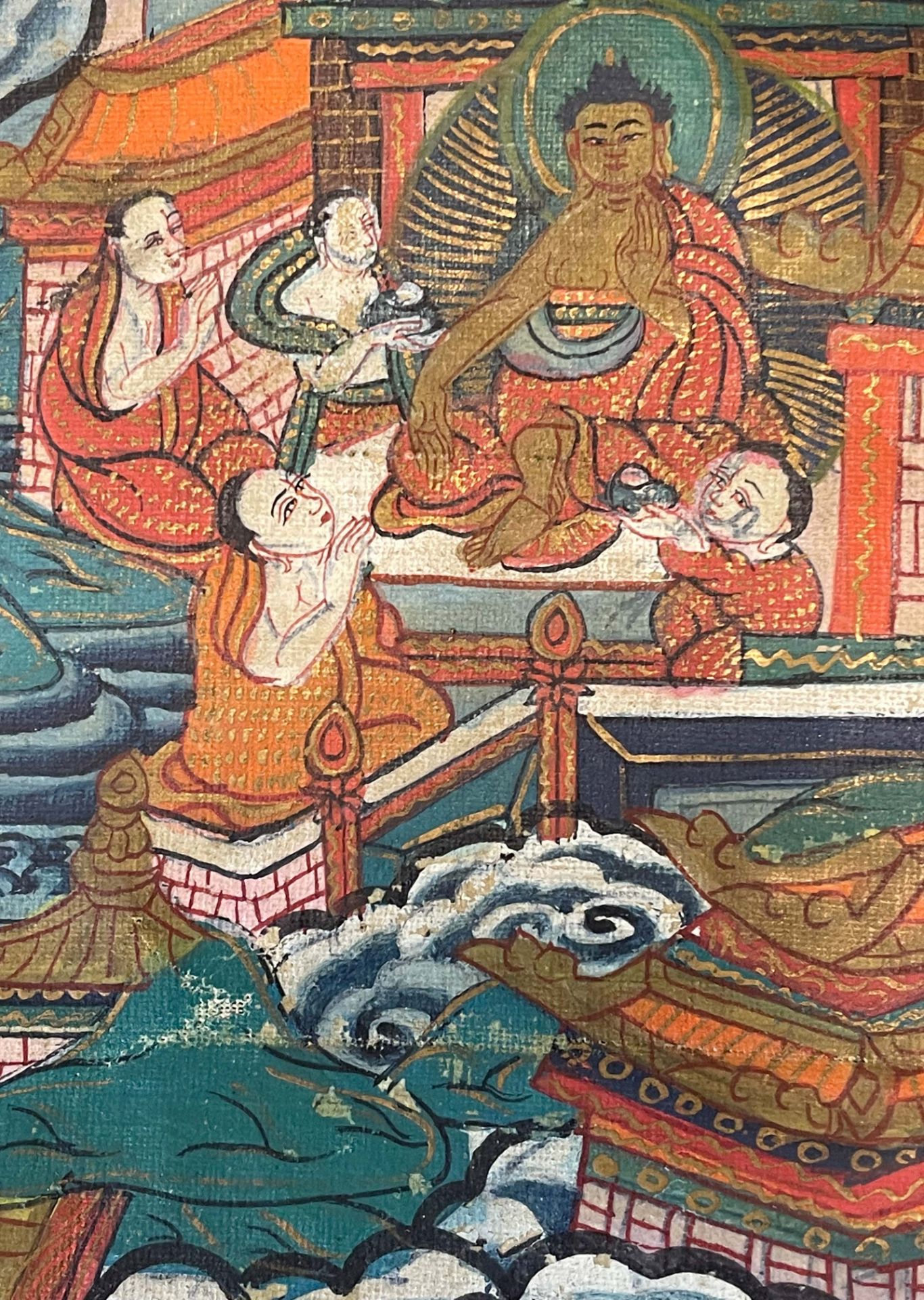 Thangka. Buddha Shakyamuni und Adorants auf dem Berg Meru. Tibet. - Image 10 of 12
