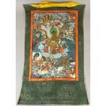 Thangka. Buddha Shakyamuni und Adorants auf dem Berg Meru. Tibet.