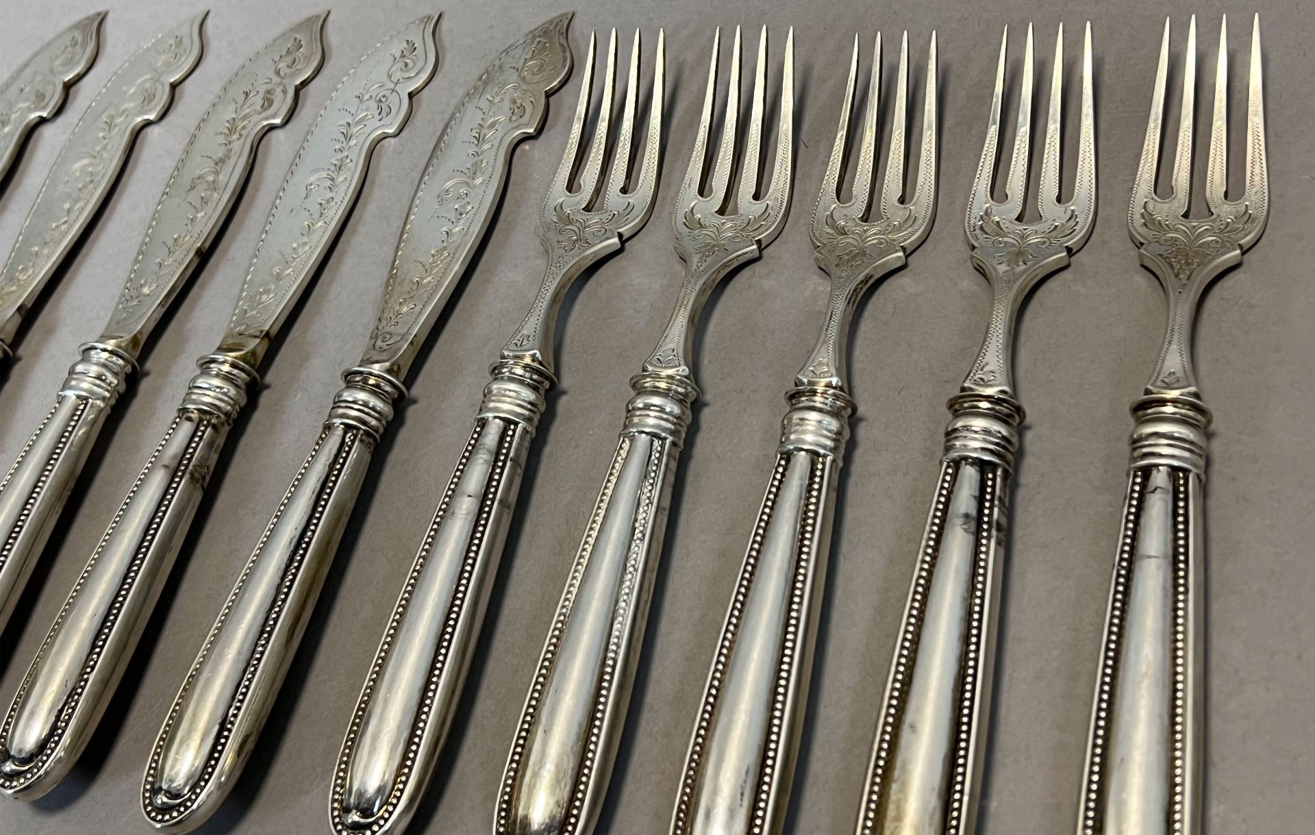 Set of 10 pieces of fish cutlery. 800 silver. For 5 persons. Art Nouveau. - Image 3 of 6