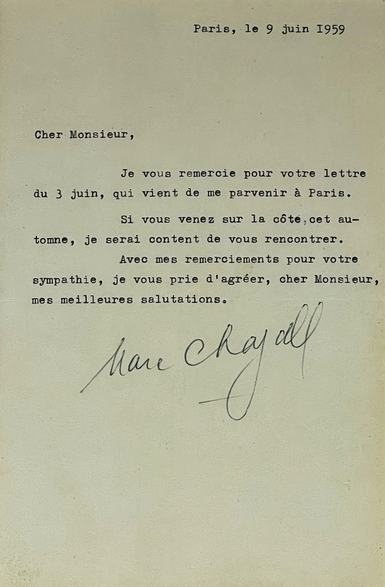 Hand-signed letter by Marc CHAGALL (1887 - 1985) with original envelope.