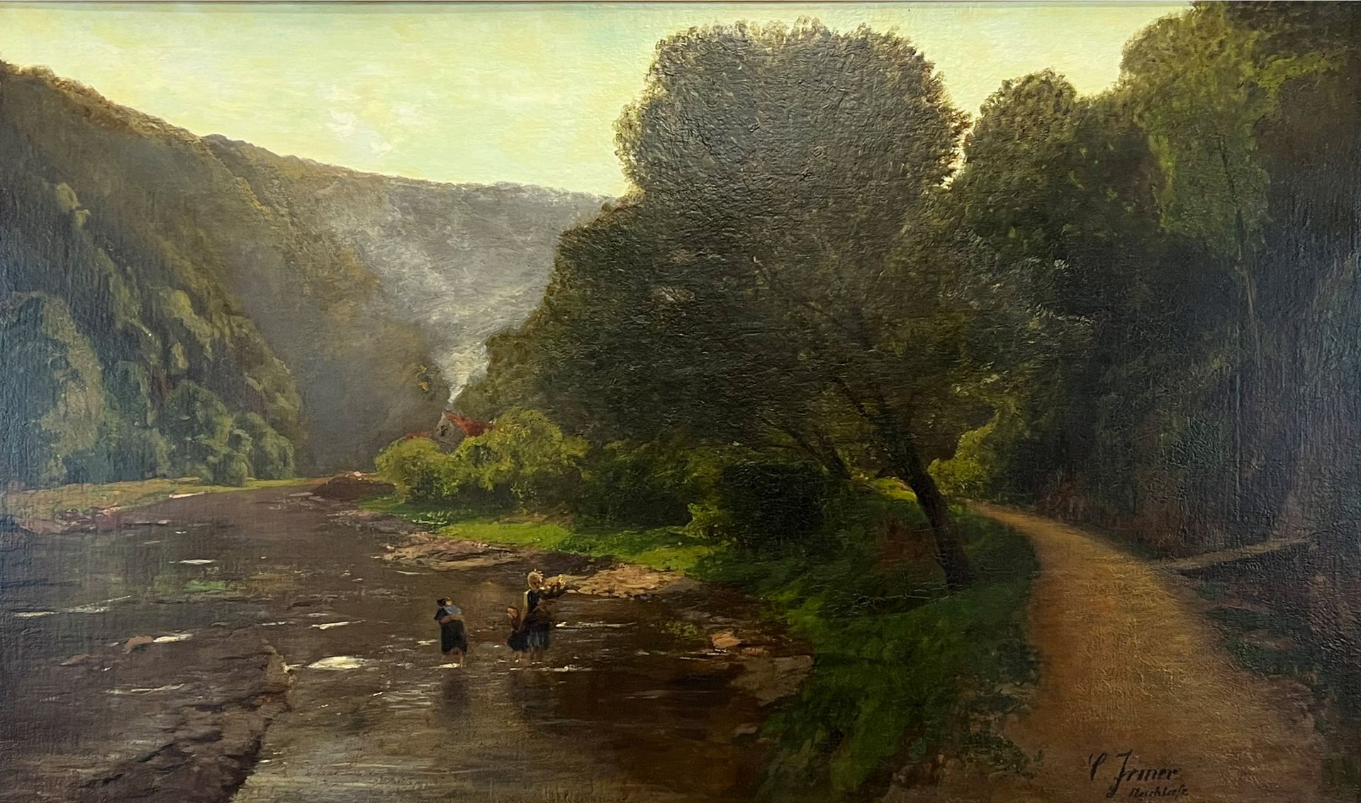 Carl IRMER (1834 - 1900). Bewaldete Flusslandschaft mit Wäscherinnen.