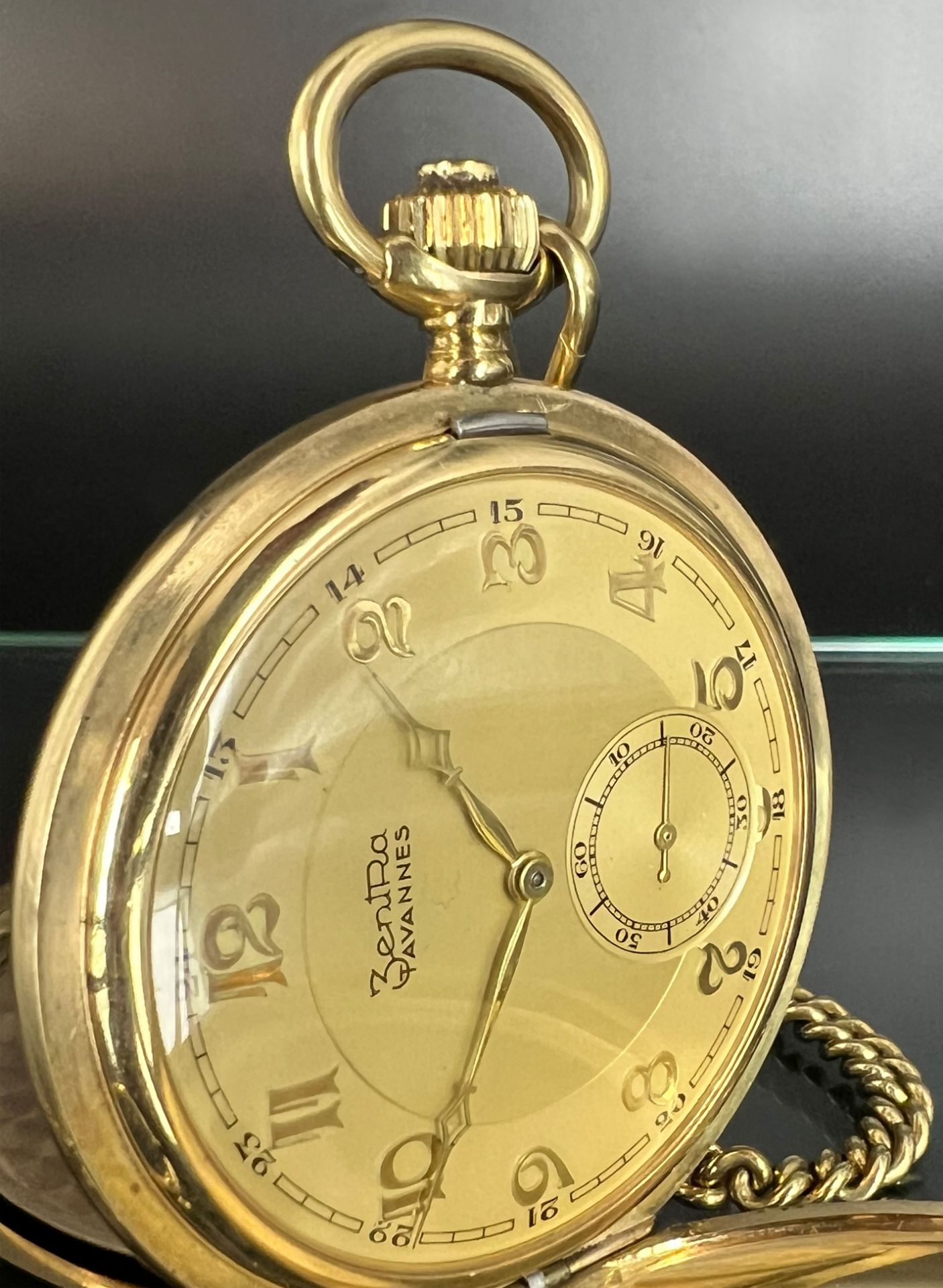 Men's pocket watch ZENTRA Tavannes 585 yellow gold with gold chain. Switzerland. - Image 2 of 10